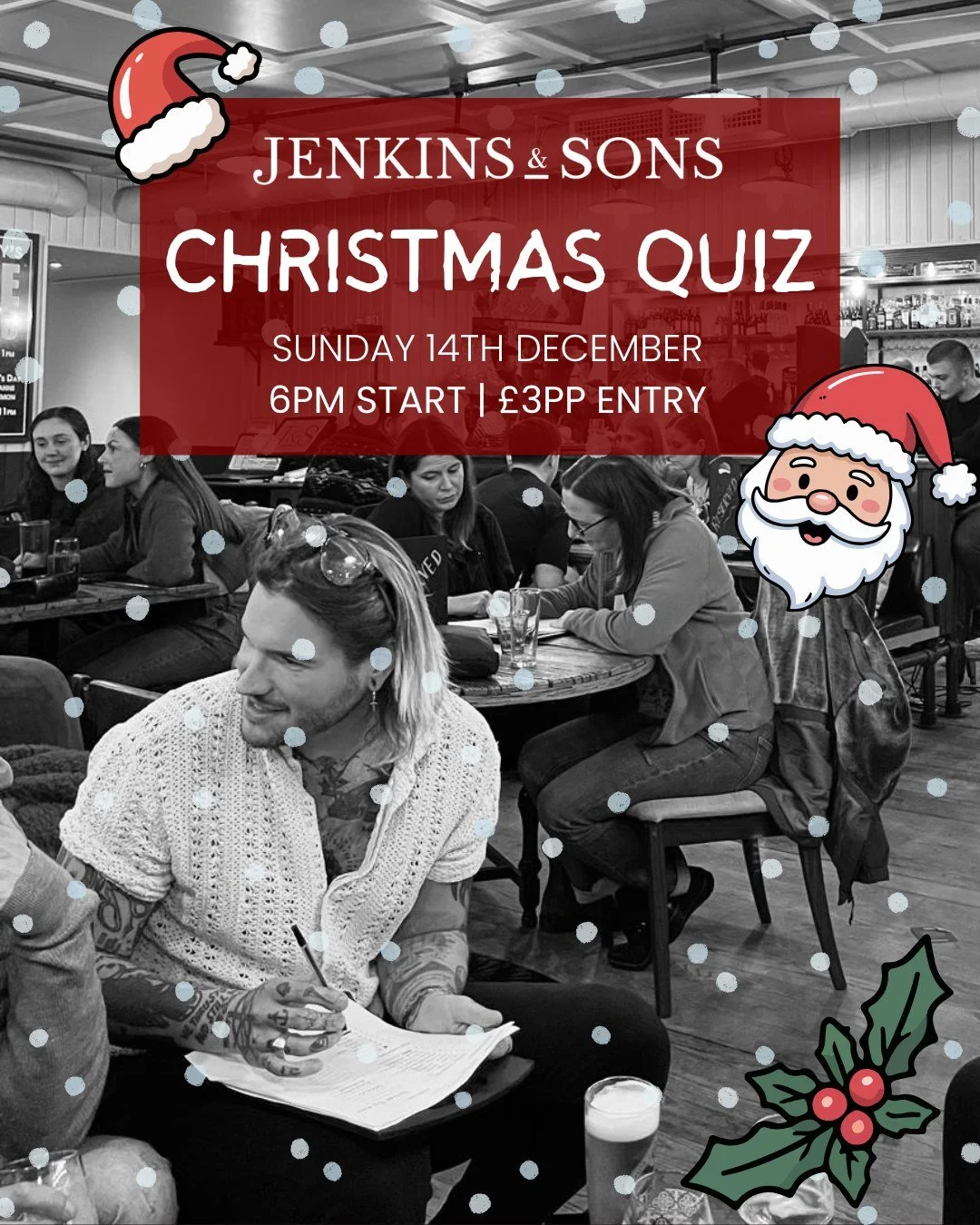 The Jenkins Christmas Quiz! 🎅

📅 Sunday 14th December
🕕 Start time: 6pm
💷 &pound;3pp entry &ndash; winner takes the pot
🍻 Happy Hour 4&ndash;6pm

Festive chaos guaranteed. Book your team now!

#Quizmas #PennHill #JenkinsAndSons #FestiveFun