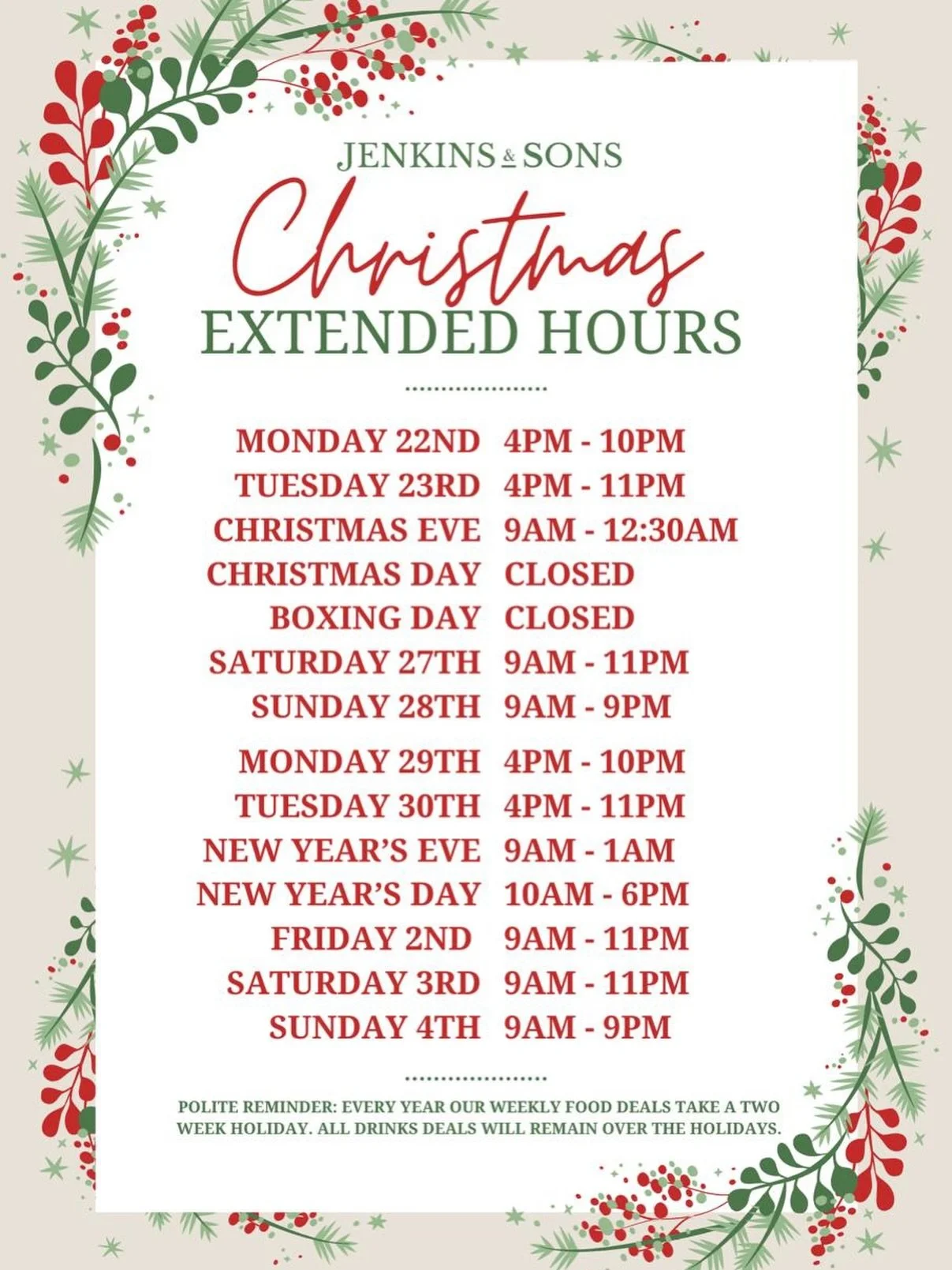 Santa&rsquo;s not the only one putting in extra hours 🎅

Our Christmas opening times are now LIVE &mdash;
get planning, get booking, get merry.

#ChristmasAtJenkins #JenkinsAndSons #PennHill