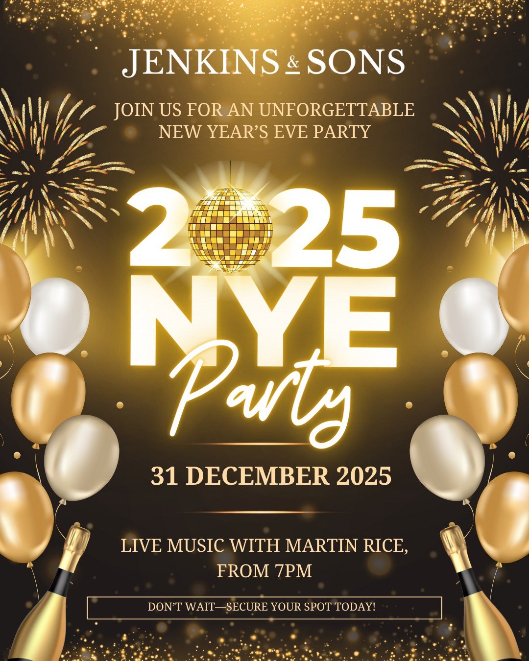 NYE AT JENKINS &mdash; THE FINAL SEND-OFF OF 2025

We&rsquo;re going BIG &mdash; and you&rsquo;re invited.

📅 Wednesday 31st December�
🎸 Live music from Martin Rice�
🍕 Wood-fired pizza &amp; cocktails all night�
🍻 Happy Hour energy till midnight�