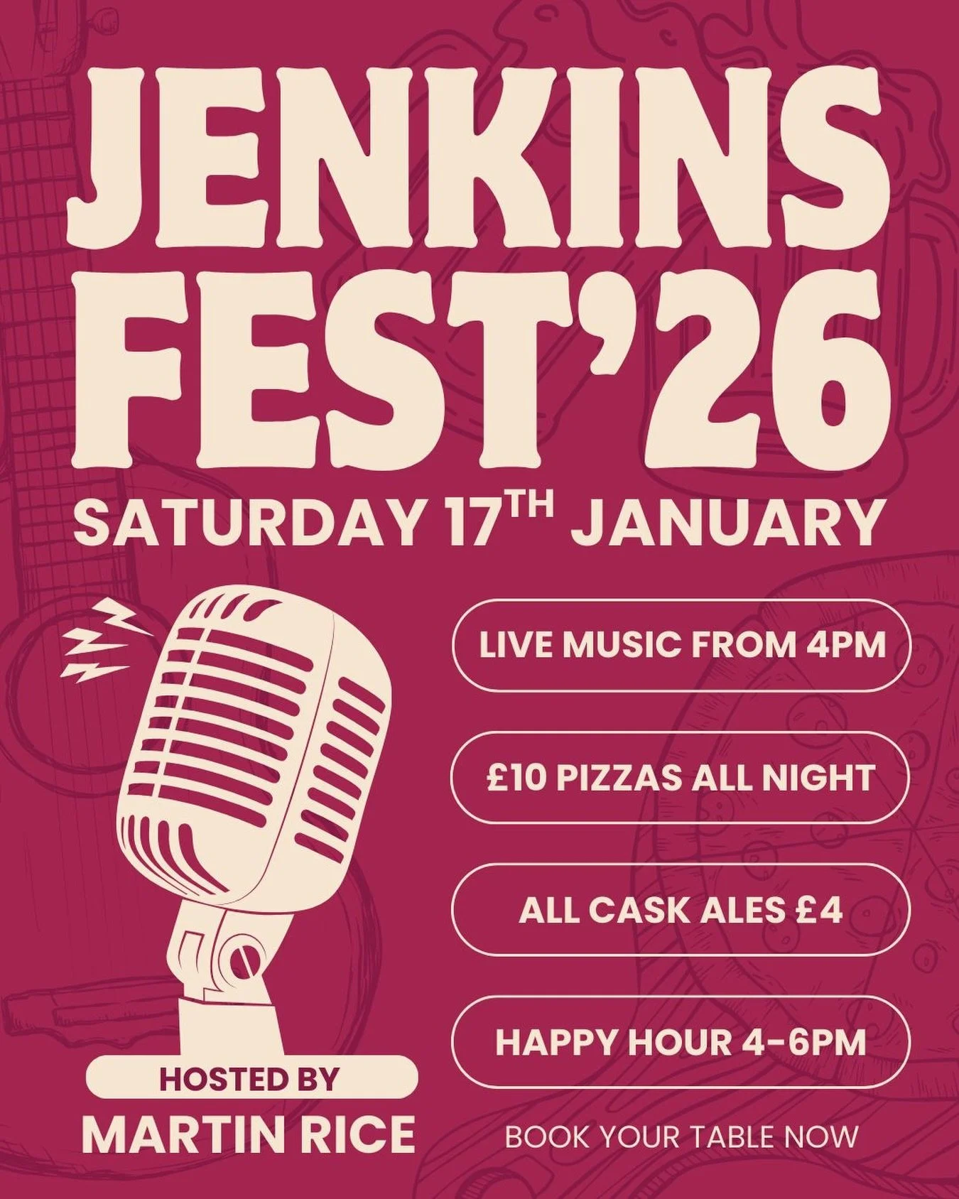 Jenkins Fest &rsquo;26 🎶

📅 Saturday 17th January
Same legends. New year. Bigger vibes.

Live music from 4pm
🍕 &pound;10 pizzas
🍺 All cask ales &pound;4
🍷 Happy Hour 4&ndash;6

Line-up coming soon &mdash; you&rsquo;re gonna want to be there.

Bo