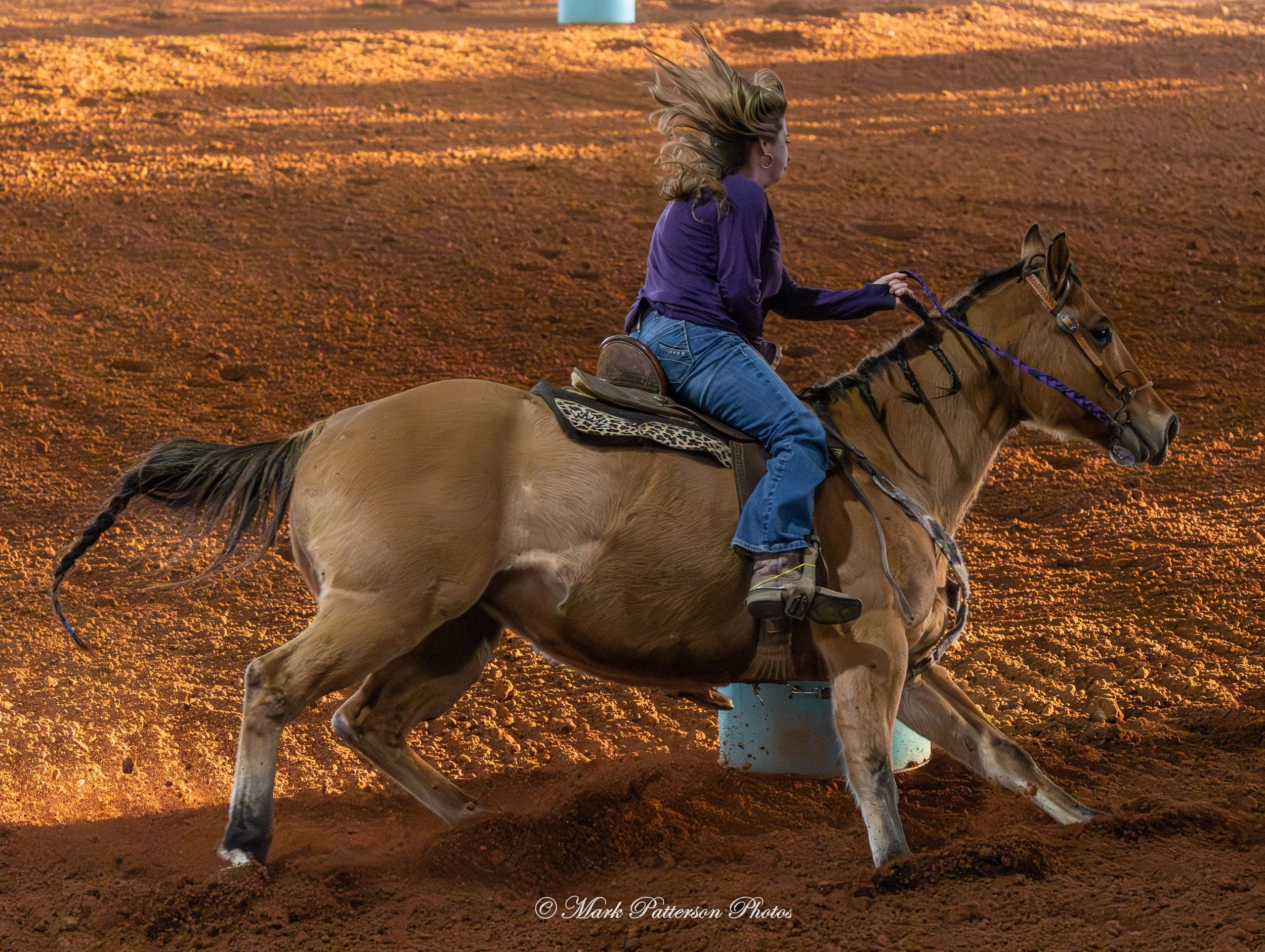 January 4, 2026, a barrel racing team competing at Latigo Farm in Landrum. #18476