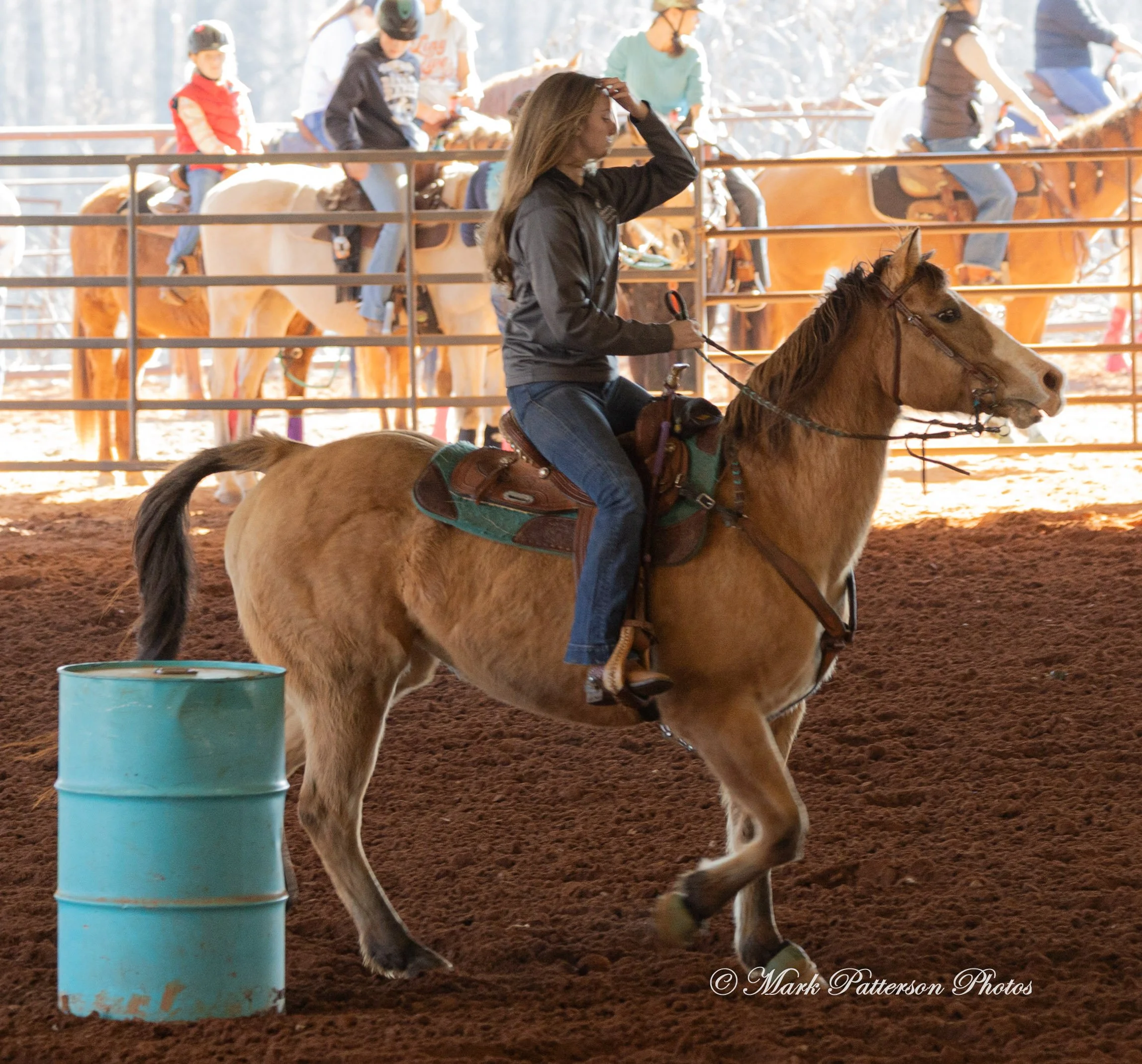 January 4, 2026, a barrel racing team competing at Latigo Farm in Landrum. #17159