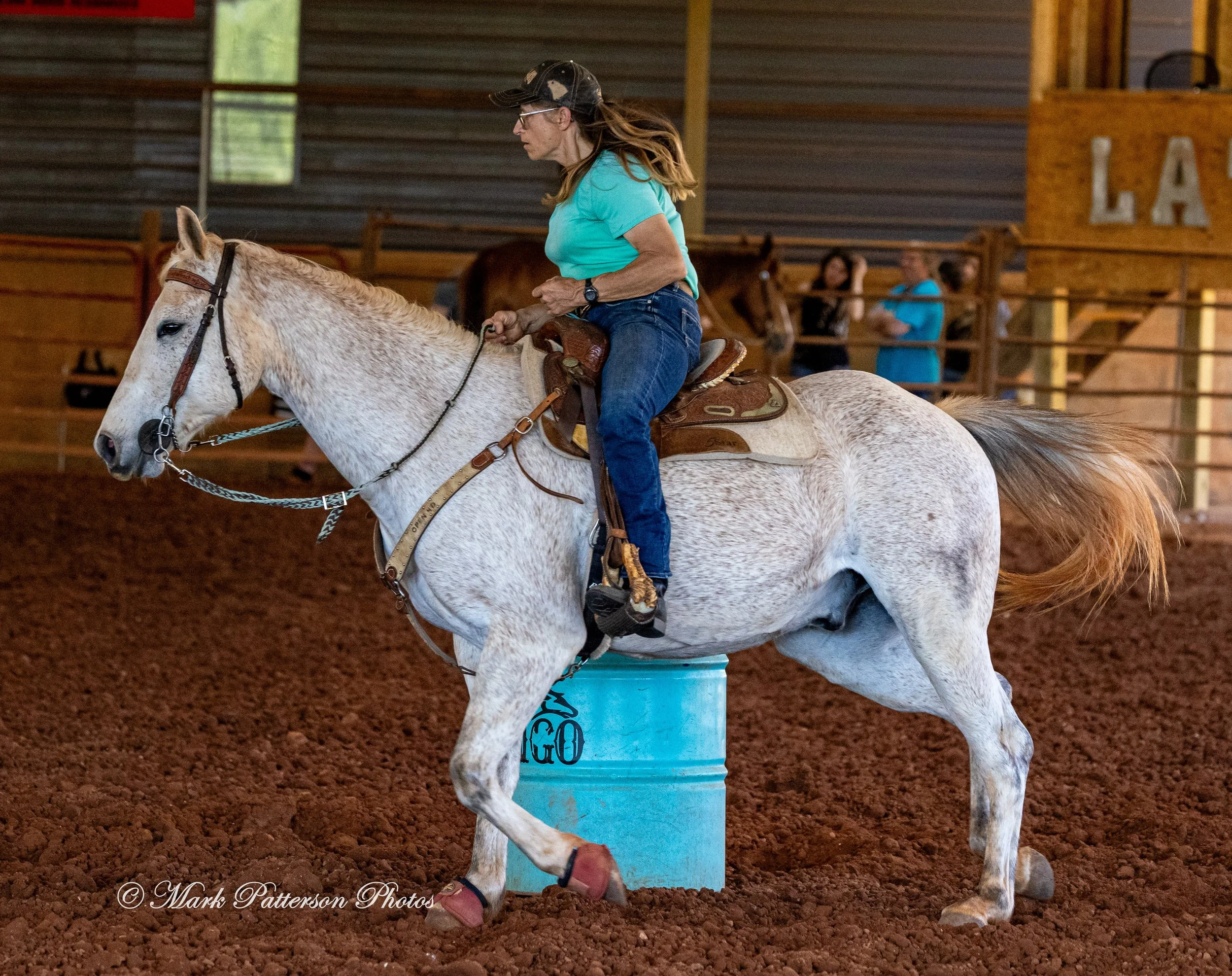 April 11, 2026, a barrel racing team competing at Latigo Farm in Landrum, SC. #1307