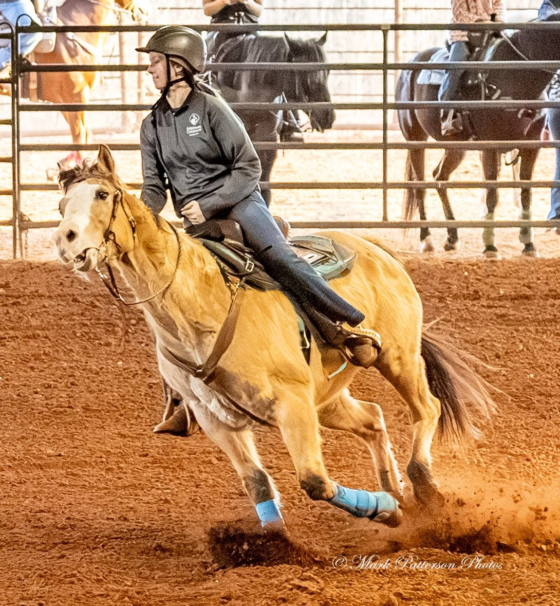 January 4, 2026, a barrel racing team competing at Latigo Farm in Landrum. #18354