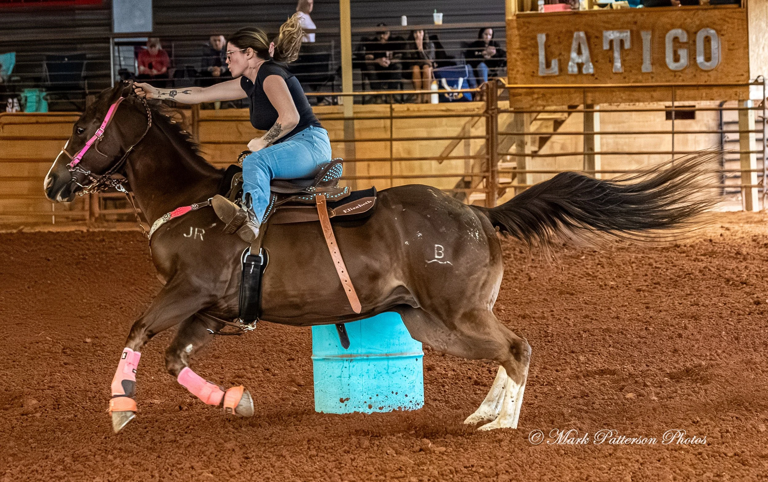 March 1, 2026, a barrel racing team competing at Latigo Farm in Landrum, SC. #27114