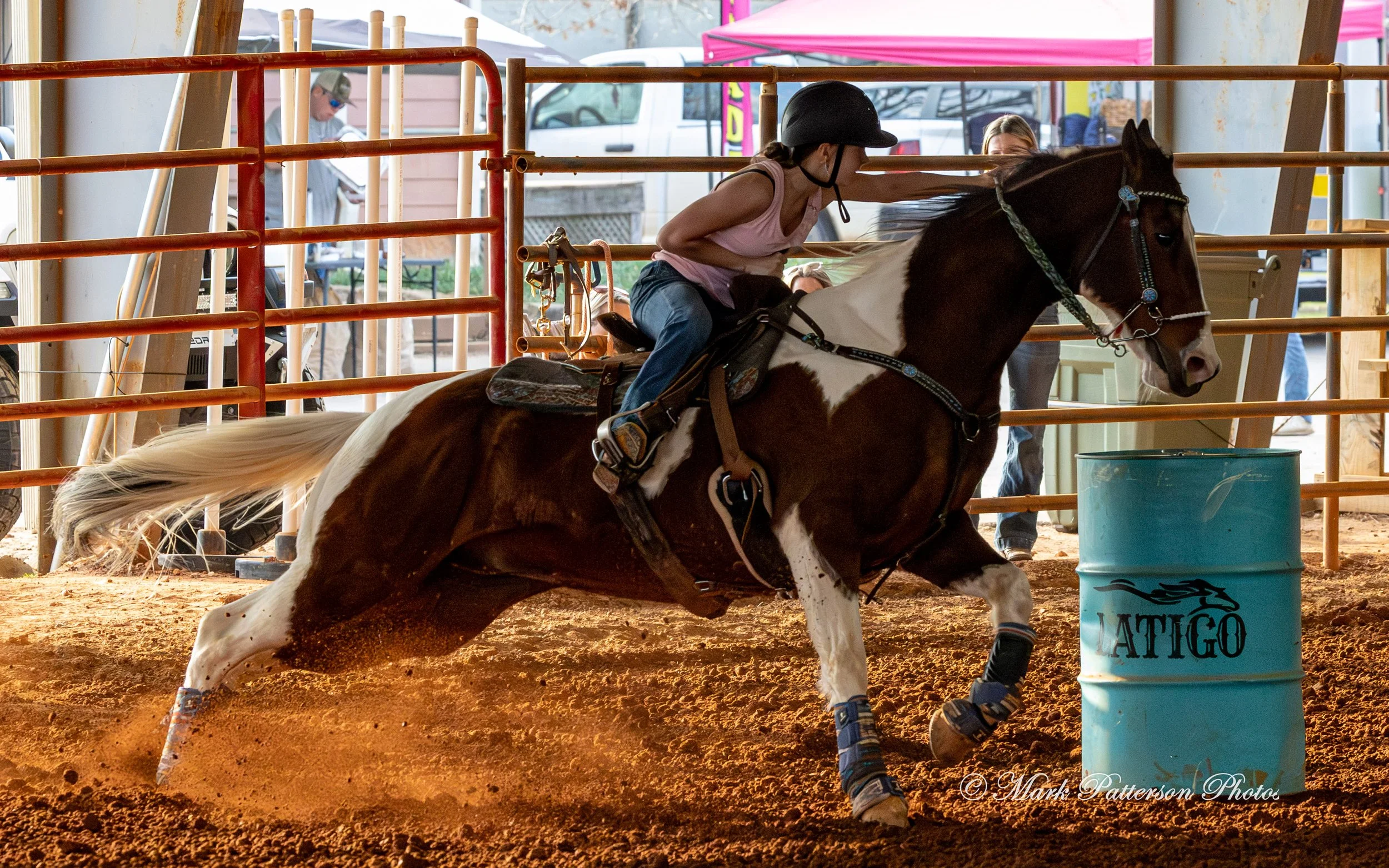 March 1, 2026, a barrel racing team competing at Latigo Farm in Landrum, SC. #26704