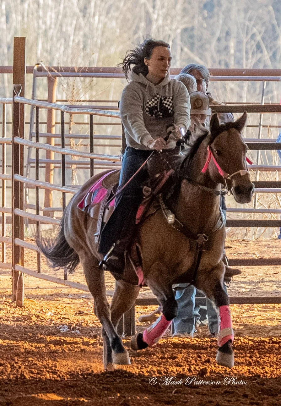 January 4, 2026, a barrel racing team competing at Latigo Farm in Landrum. #18271