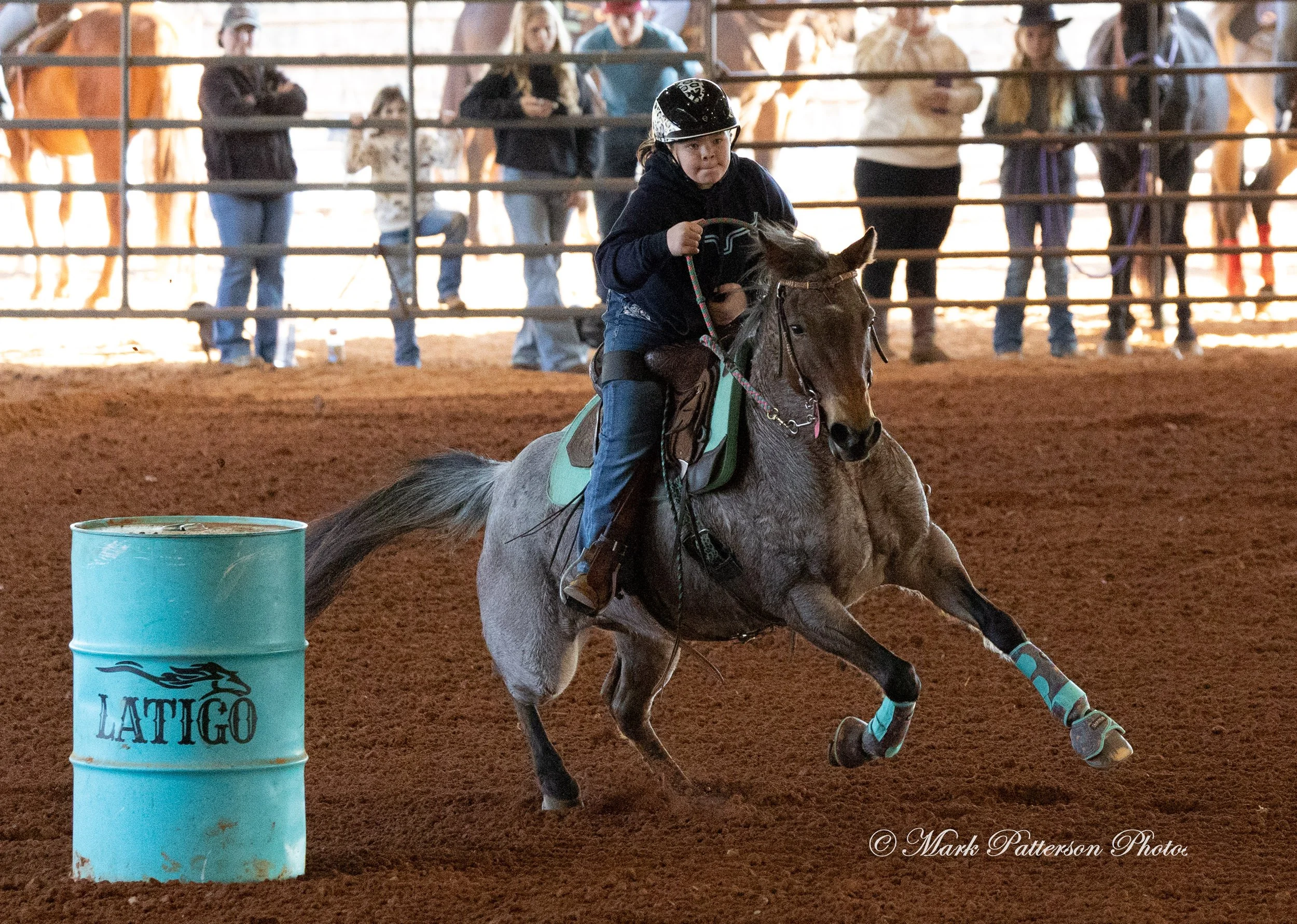 January 4, 2026, a barrel racing team competing at Latigo Farm in Landrum. #17679