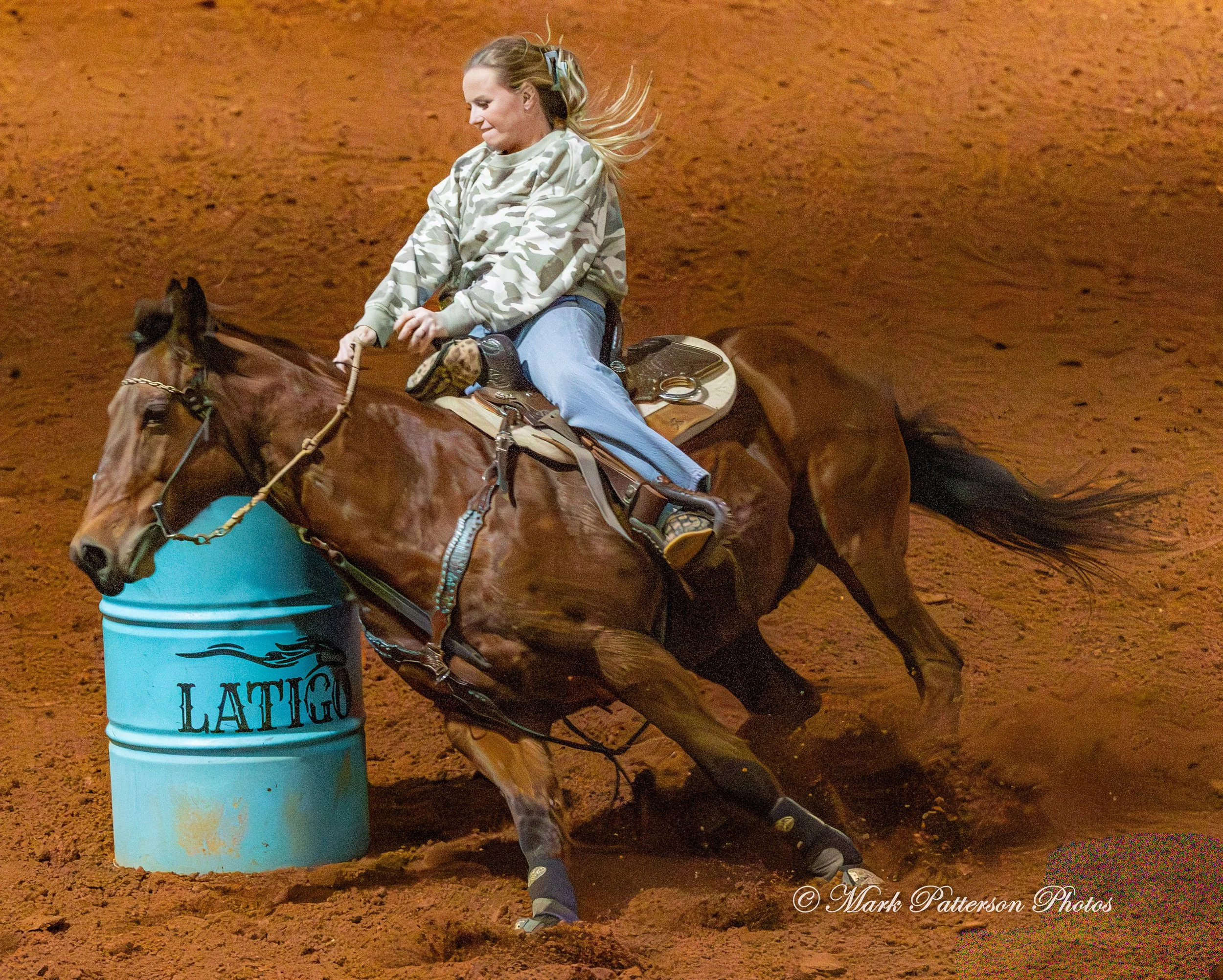 January 4, 2026, a barrel racing team competing at Latigo Farm in Landrum. #20076