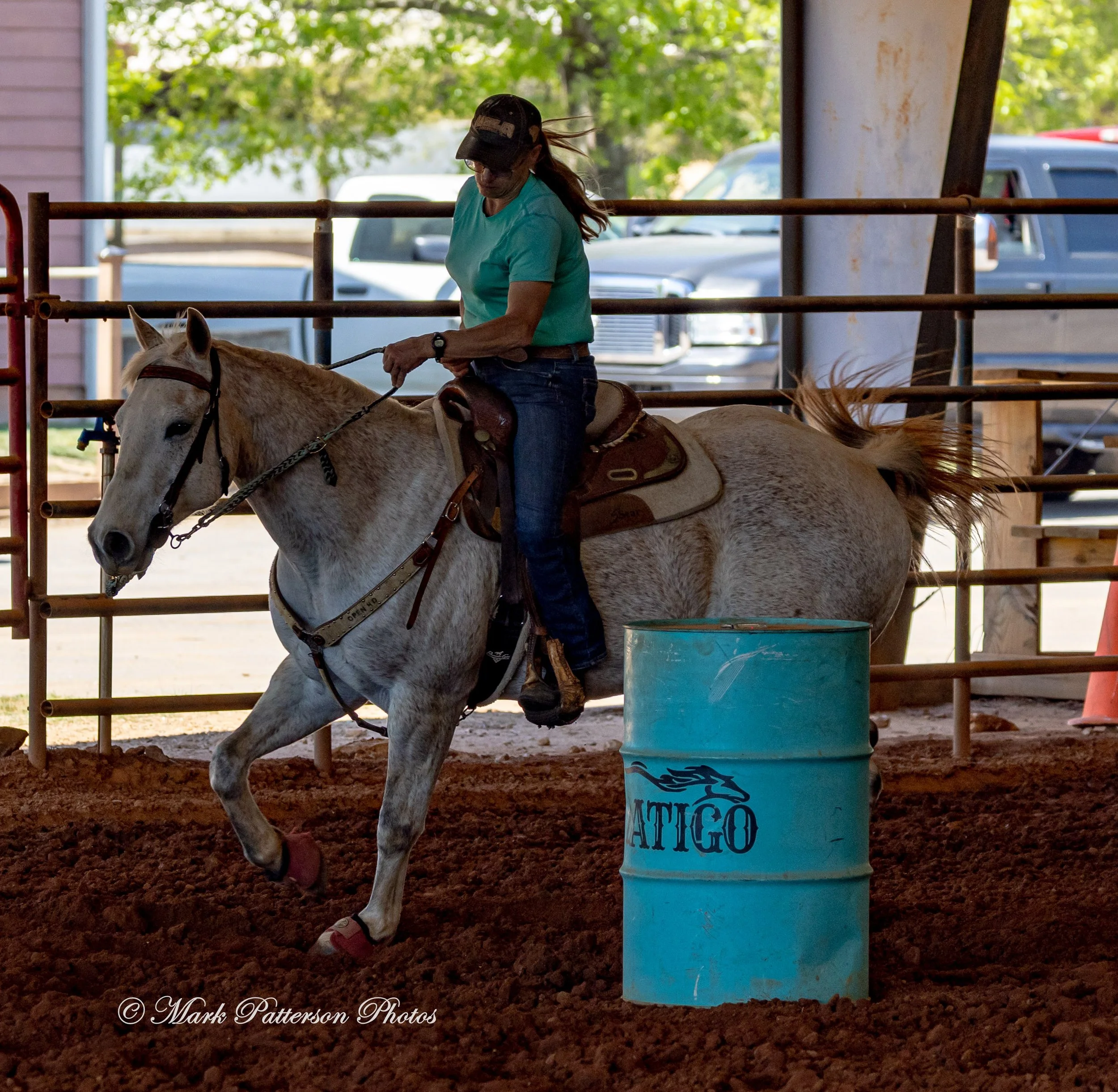 April 11, 2026, a barrel racing team competing at Latigo Farm in Landrum, SC. #1308