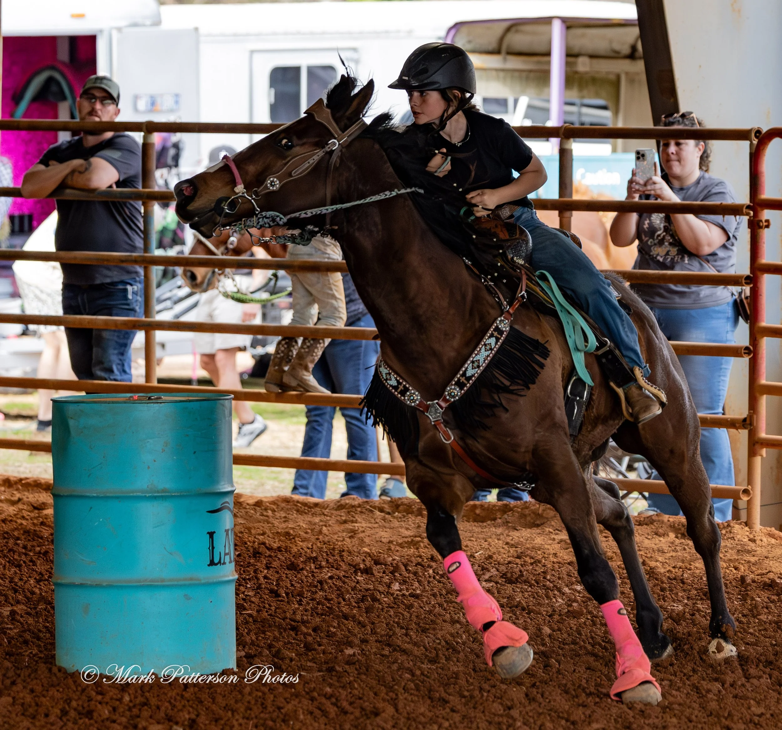 March 1, 2026, a barrel racing team competing at Latigo Farm in Landrum, SC. #25152