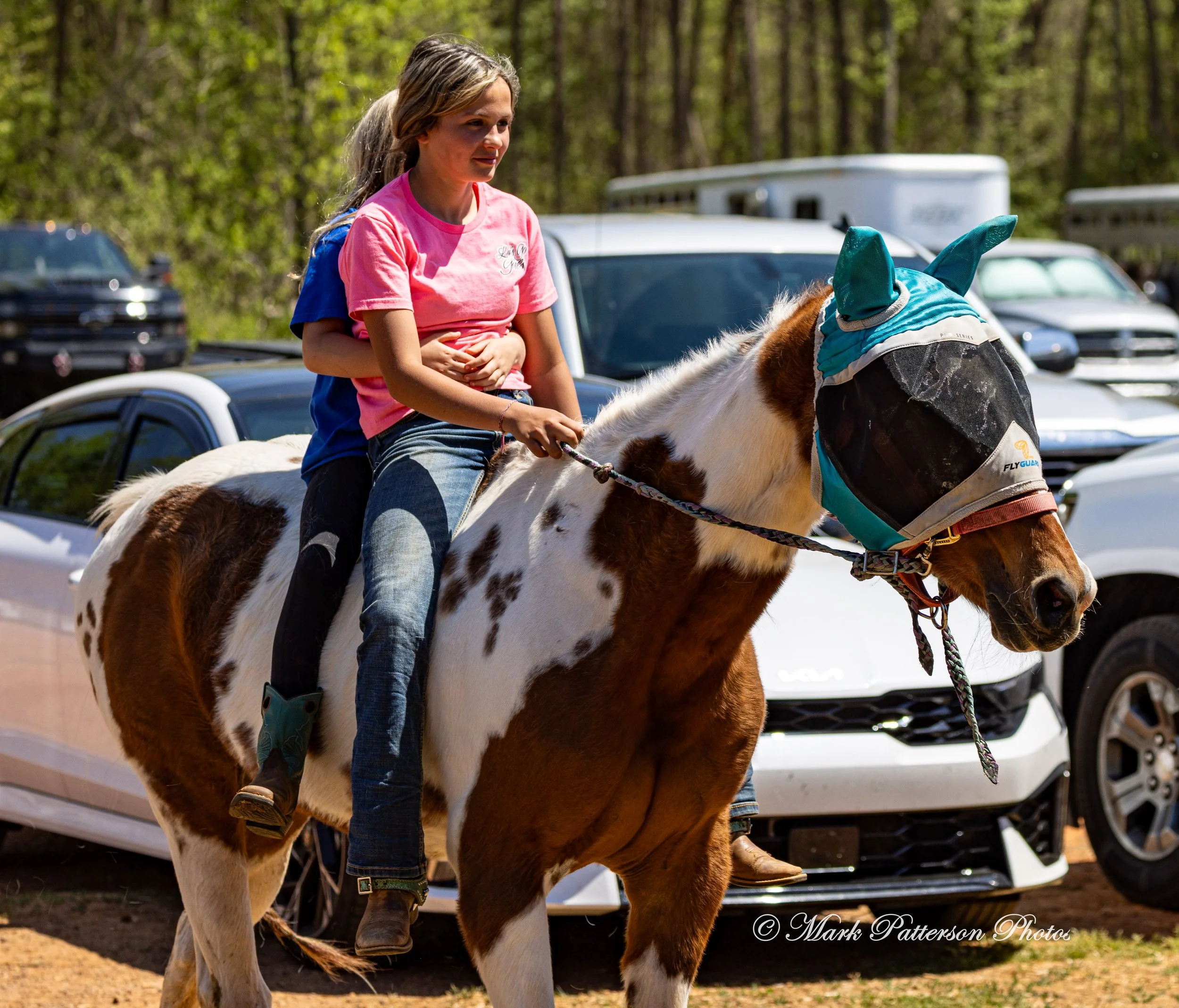 April 11, 2026, a barrel racing team competing at Latigo Farm in Landrum, SC. #1428