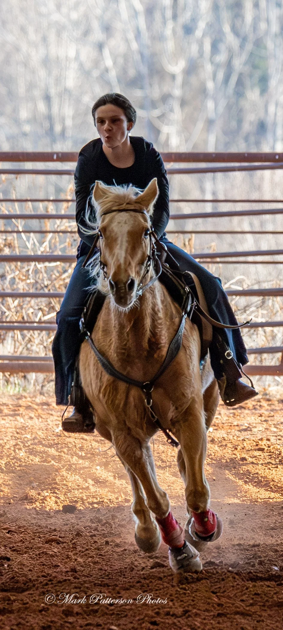January 4, 2026, a barrel racing team competing at Latigo Farm in Landrum. #17937