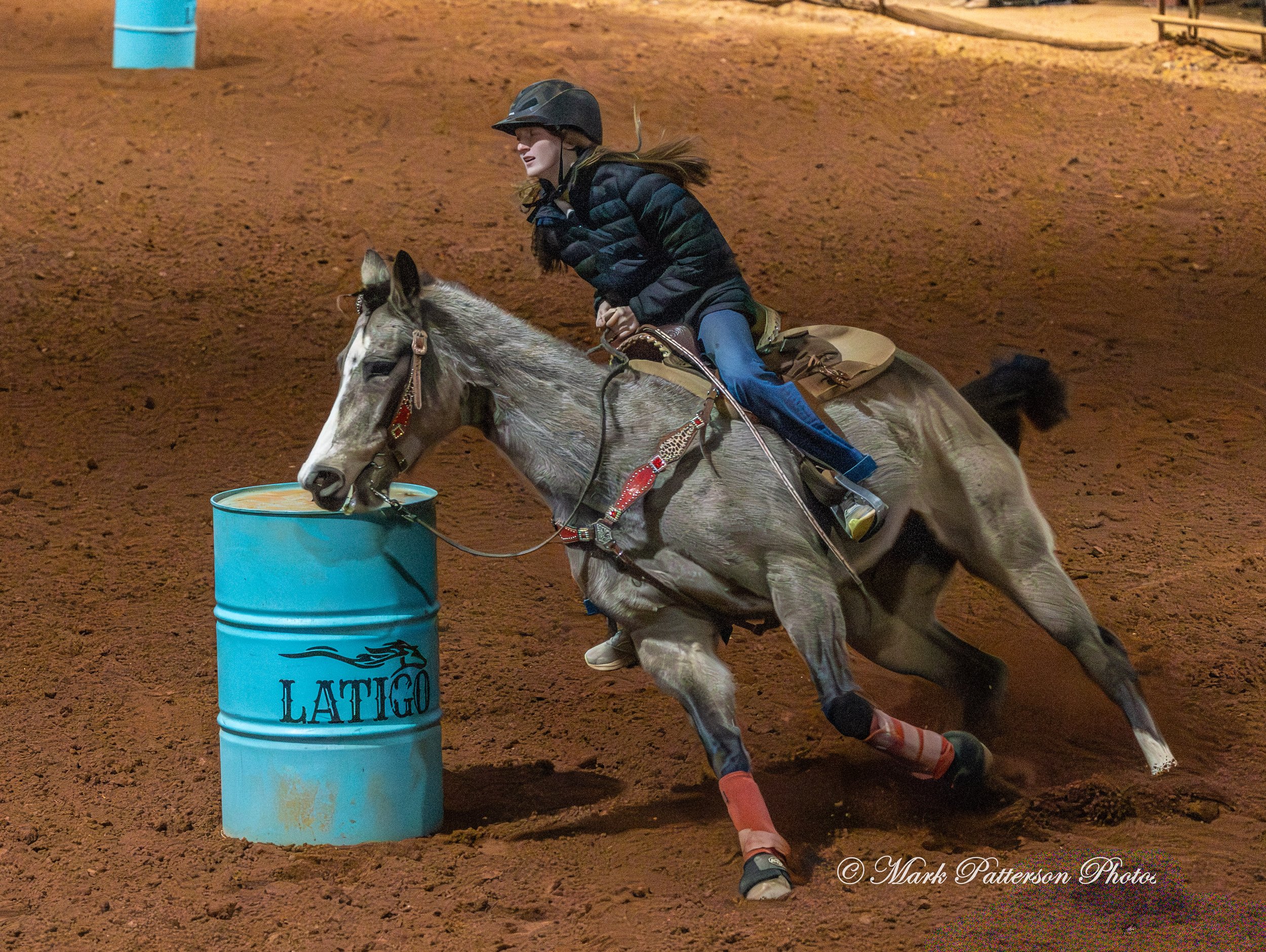 January 4, 2026, a barrel racing team competing at Latigo Farm in Landrum. #20033