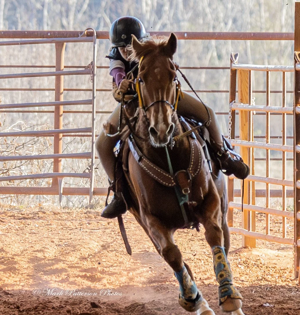 January 4, 2026, a barrel racing team competing at Latigo Farm in Landrum. #17899