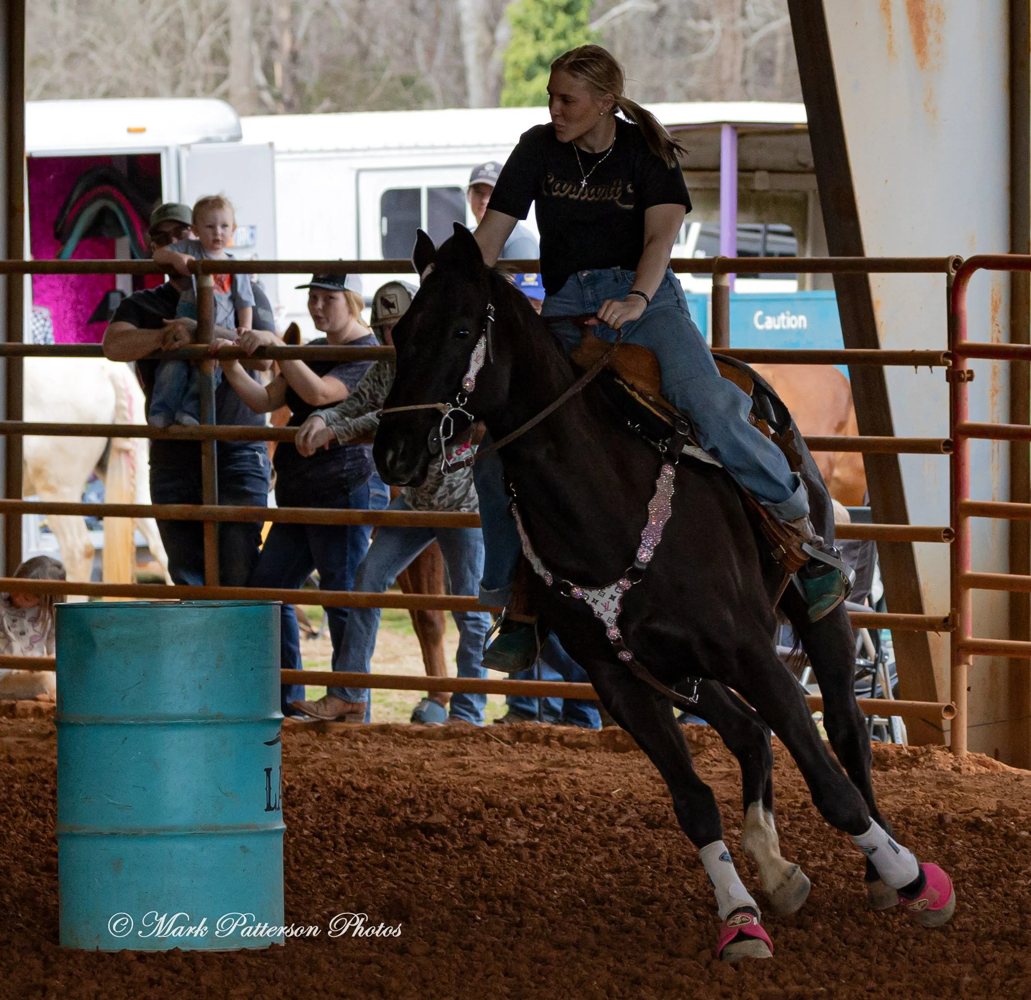 March 1, 2026, a barrel racing team competing at Latigo Farm in Landrum, SC. #25344
