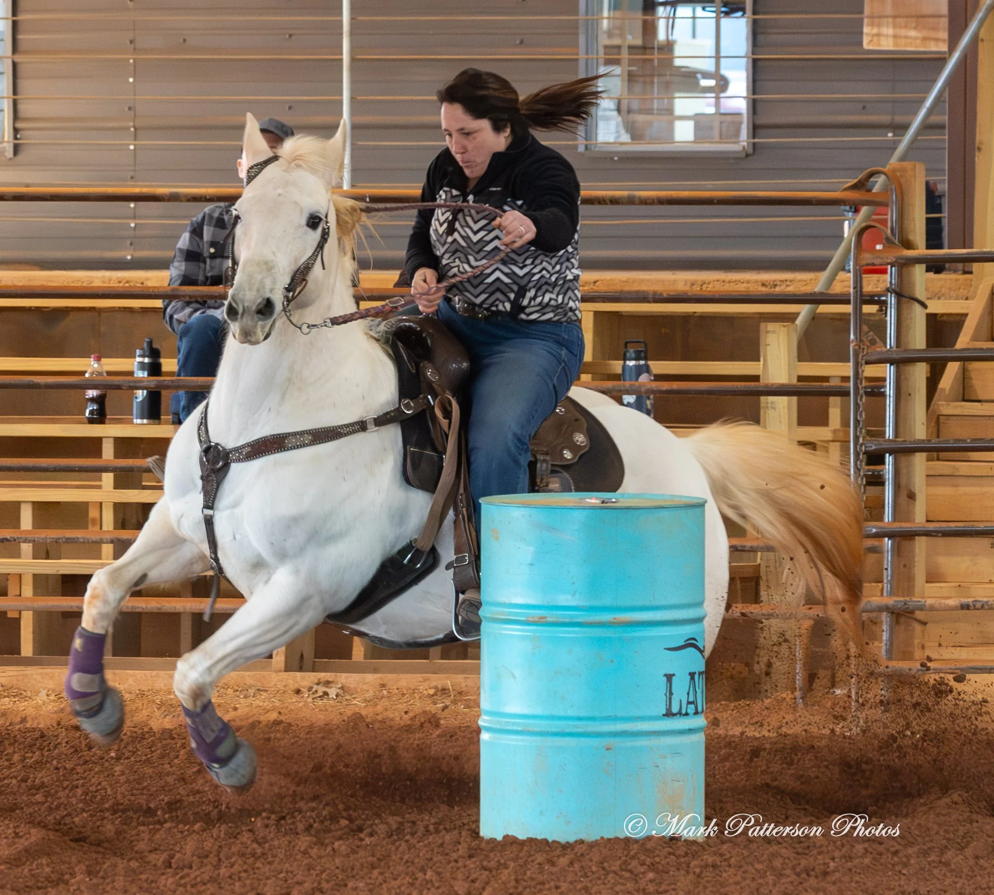 February 8, 2026, a barrel racing team competing at Latigo Farm in Landrum, SC. #22180