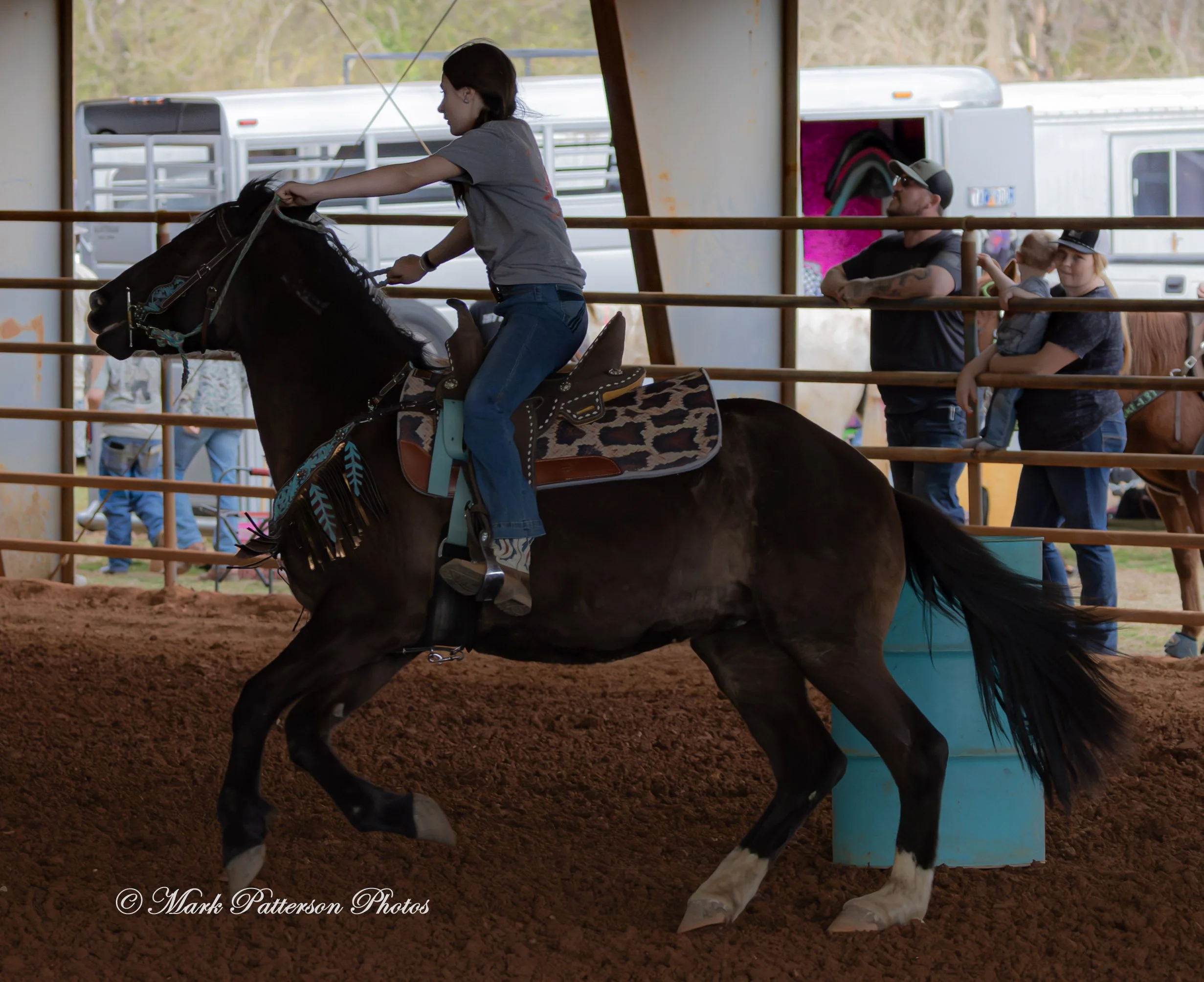 March 1, 2026, a barrel racing team competing at Latigo Farm in Landrum, SC. #25407