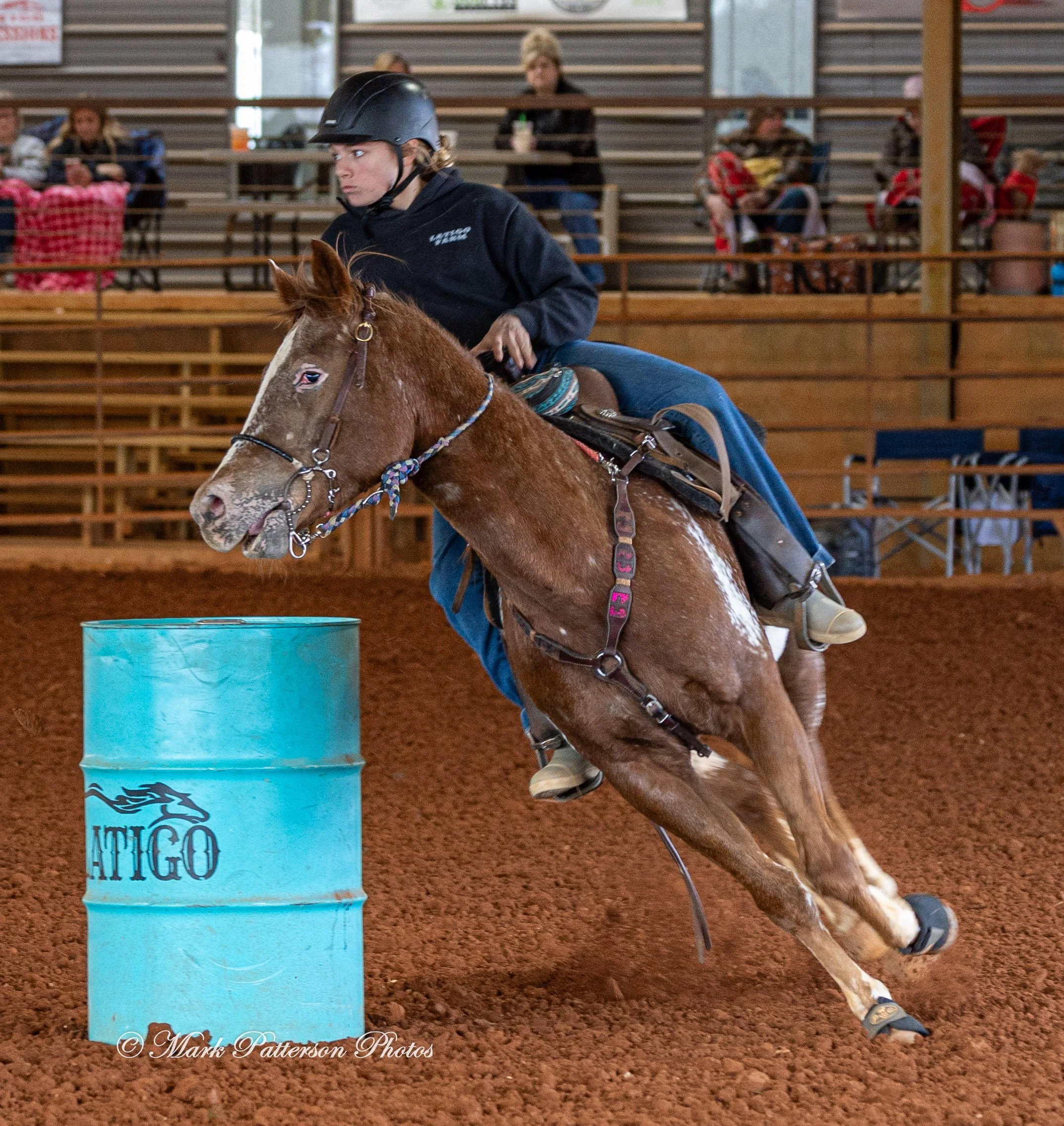 February 8, 2026, a barrel racing team competing at Latigo Farm in Landrum, SC. #20556