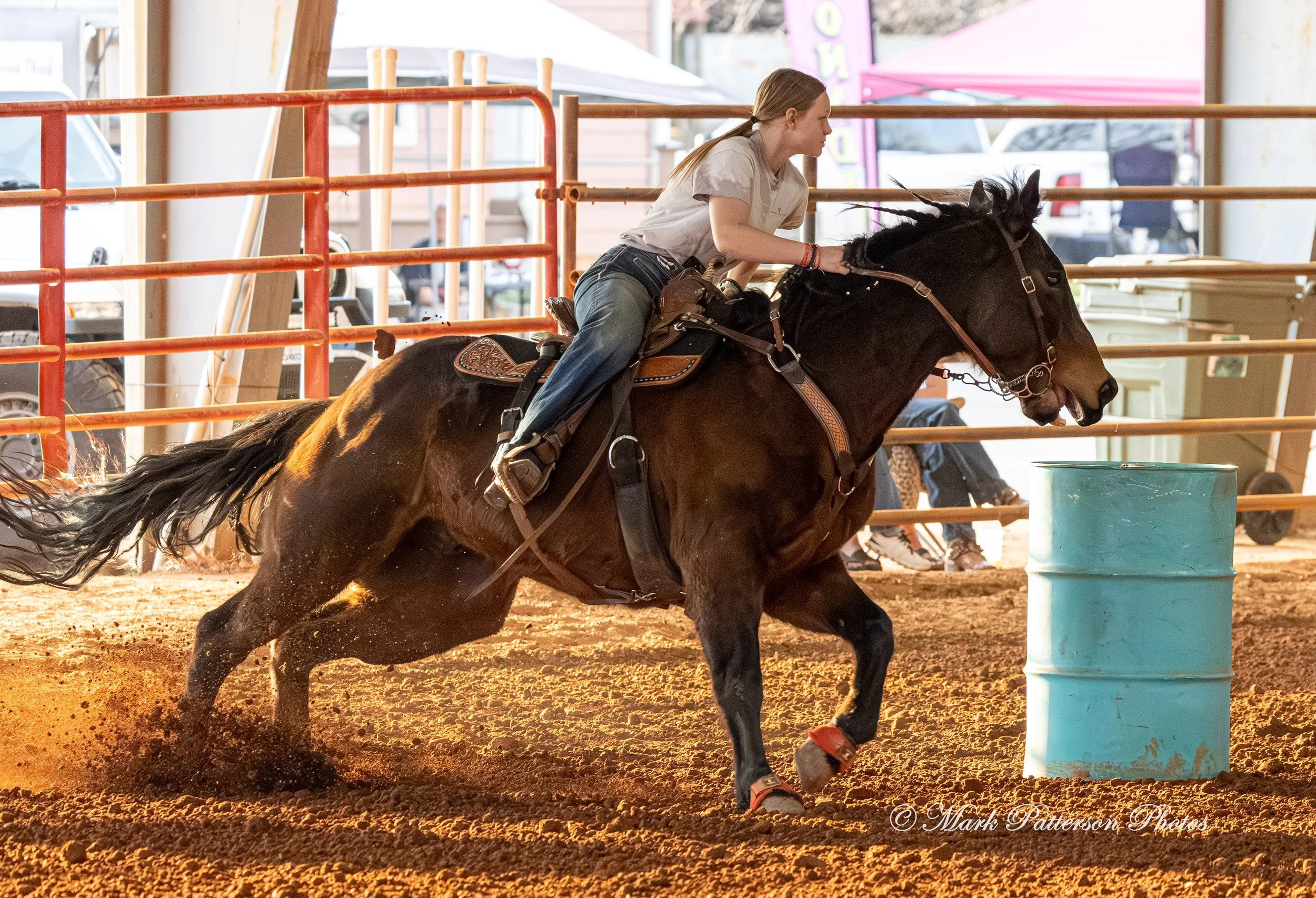 March 1, 2026, a barrel racing team competing at Latigo Farm in Landrum, SC. #27001