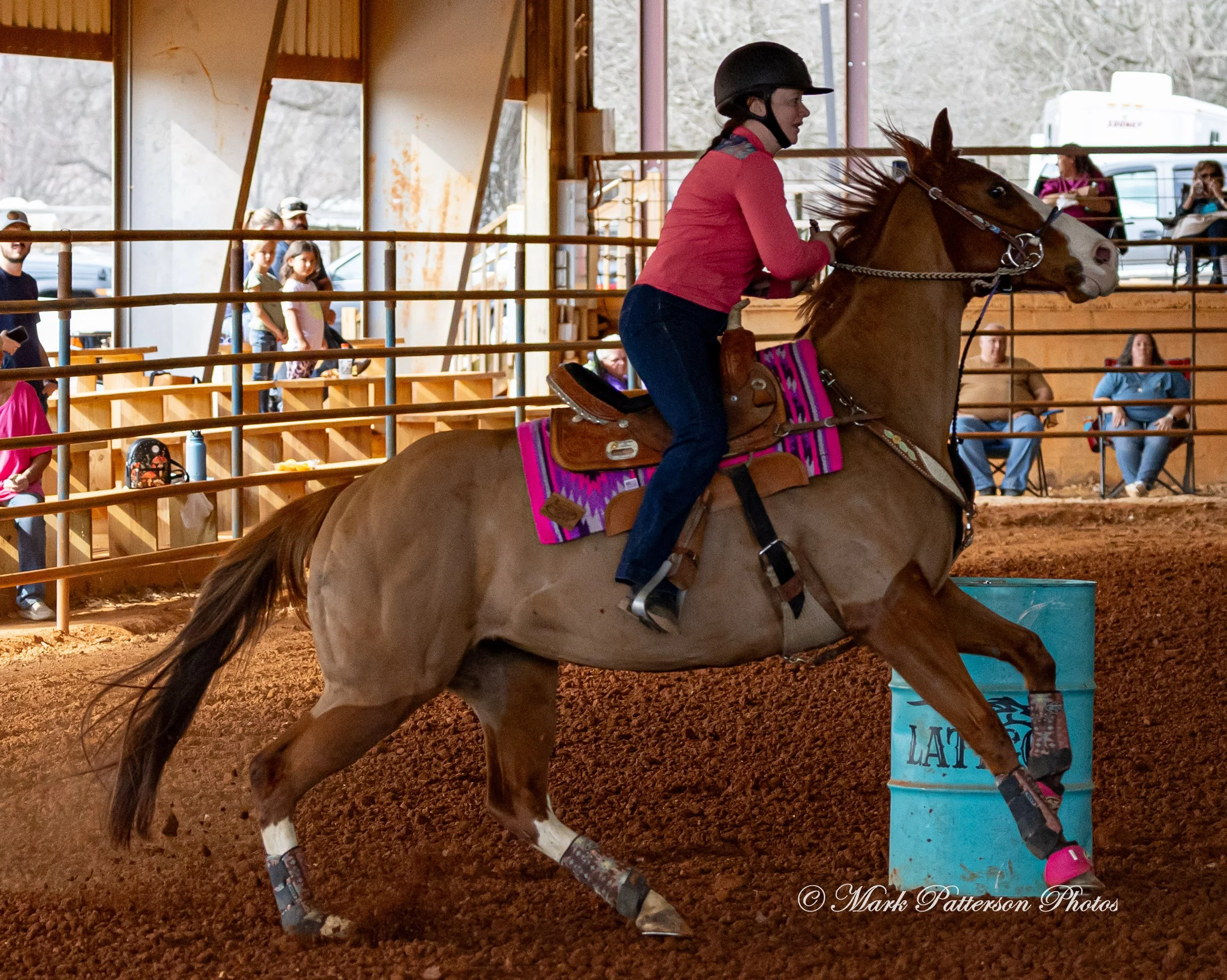 March 1, 2026, a barrel racing team competing at Latigo Farm in Landrum, SC. #25014