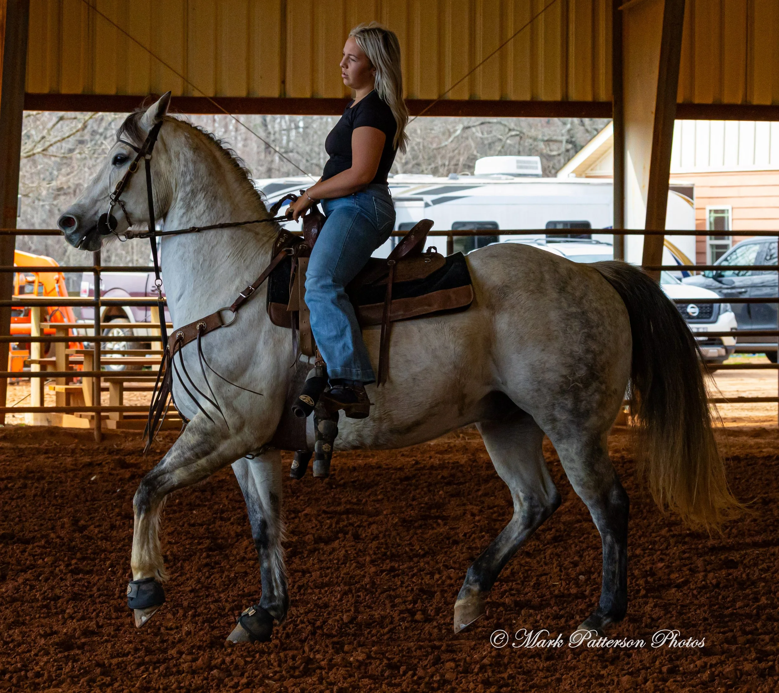 March 1, 2026, a barrel racing team competing at Latigo Farm in Landrum, SC. #24709