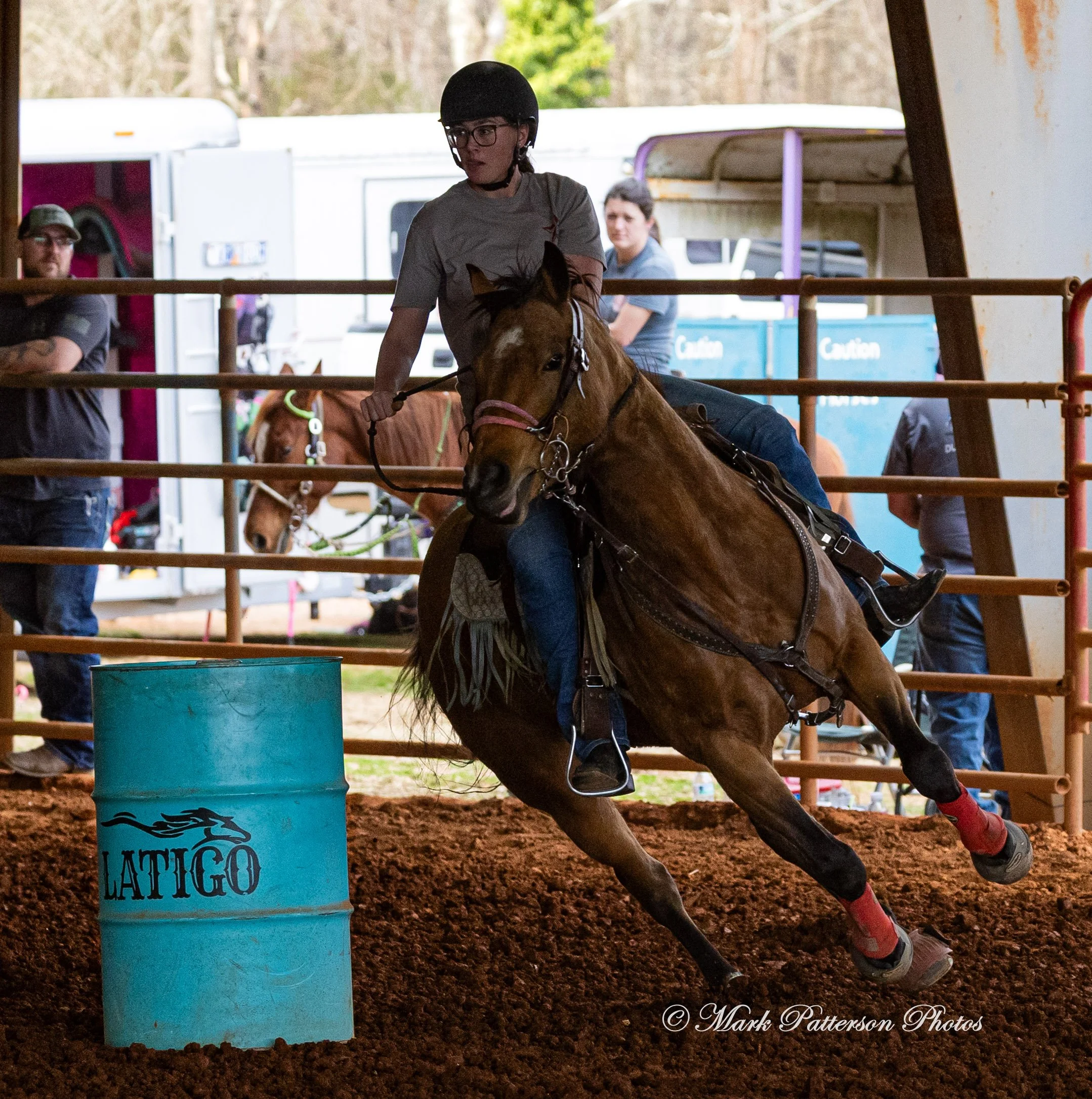 March 1, 2026, a barrel racing team competing at Latigo Farm in Landrum, SC. #25036