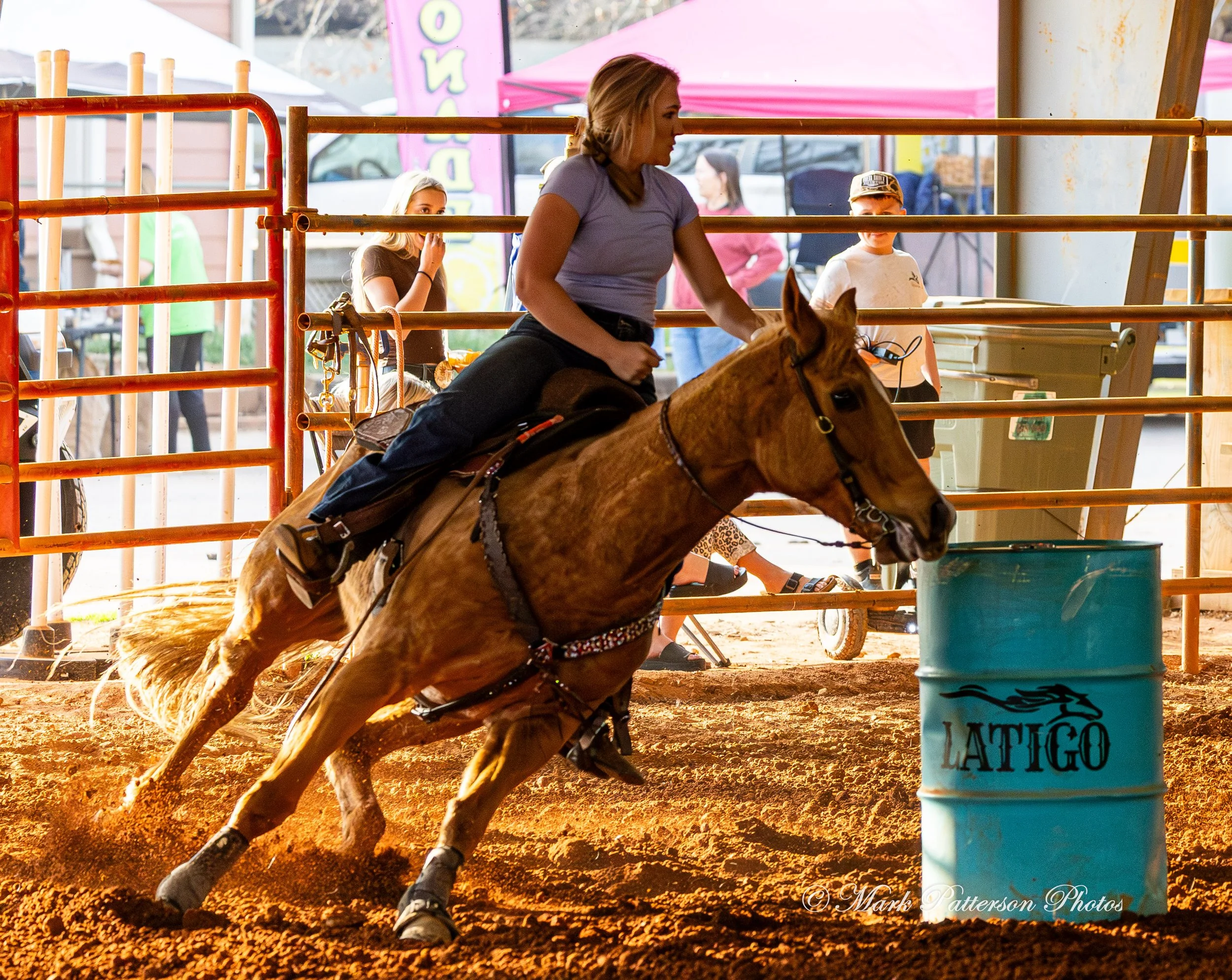 March 1, 2026, a barrel racing team competing at Latigo Farm in Landrum, SC. #26680