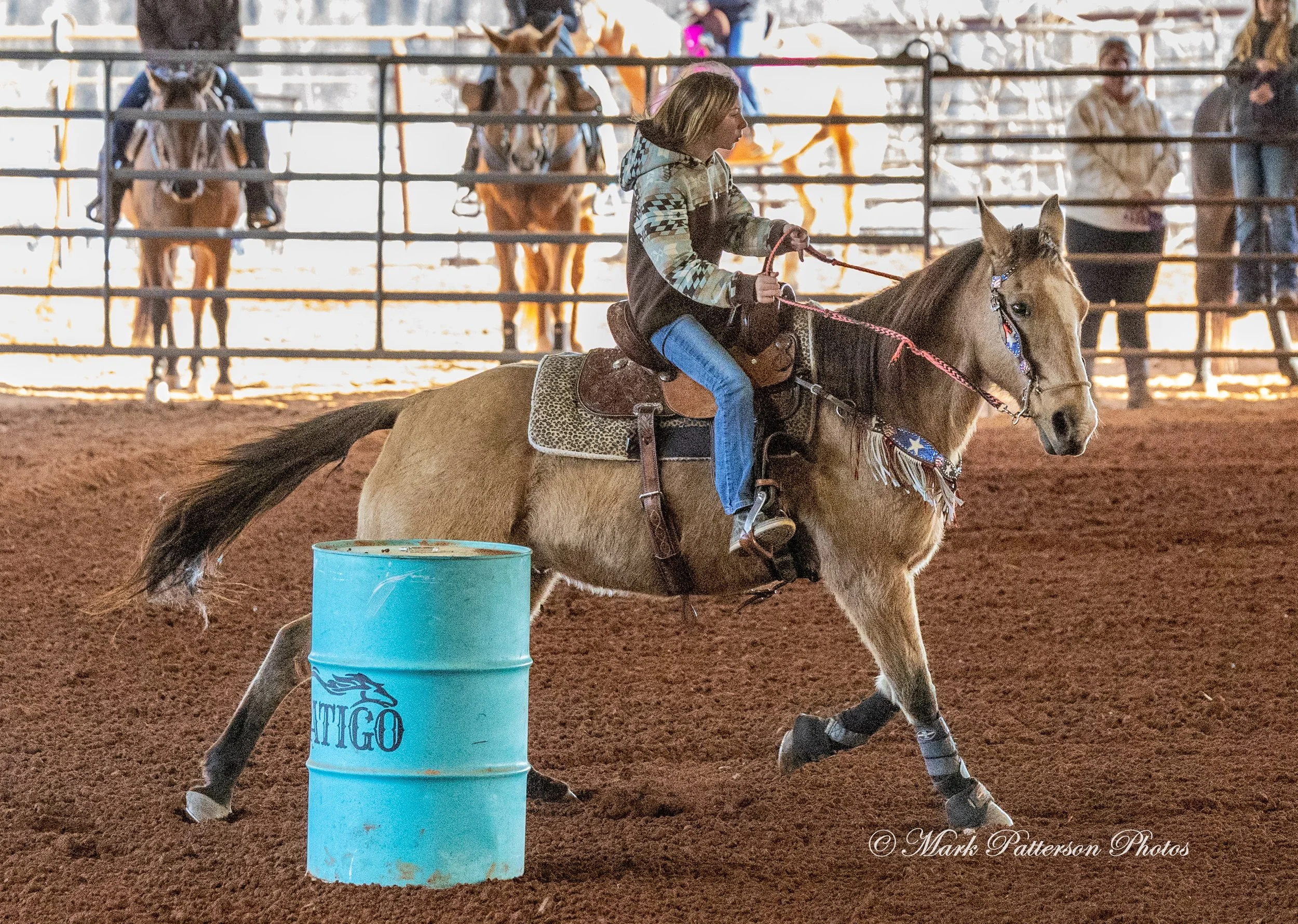 January 4, 2026, a barrel racing team competing at Latigo Farm in Landrum. #17520
