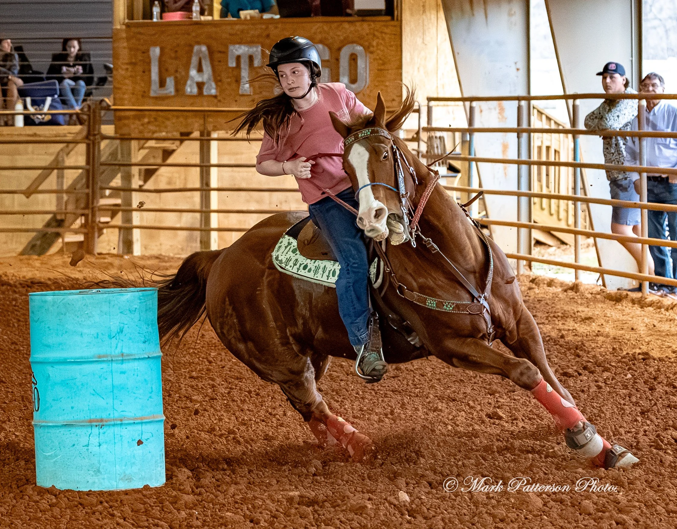 March 1, 2026, a barrel racing team competing at Latigo Farm in Landrum, SC. #26127