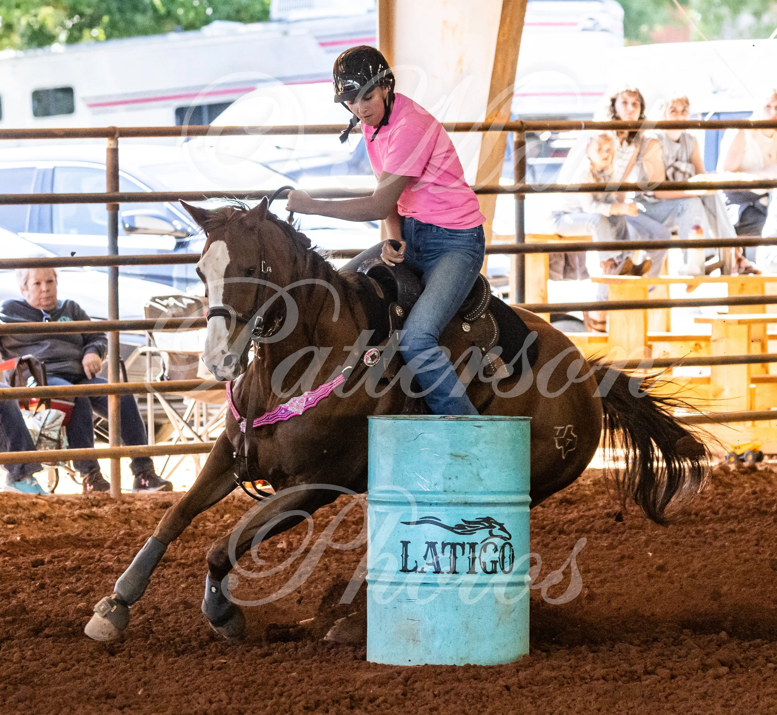 May 3, 2026, a barrel racing team competing at Latigo Farm in Landrum, SC. #12156