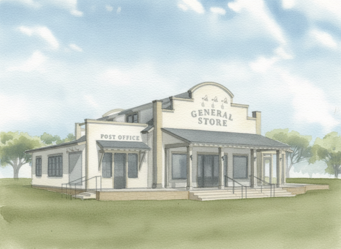 Painting of a small town post office and general store with steps and a ramp in front, set against a blue sky with clouds and trees in the background.