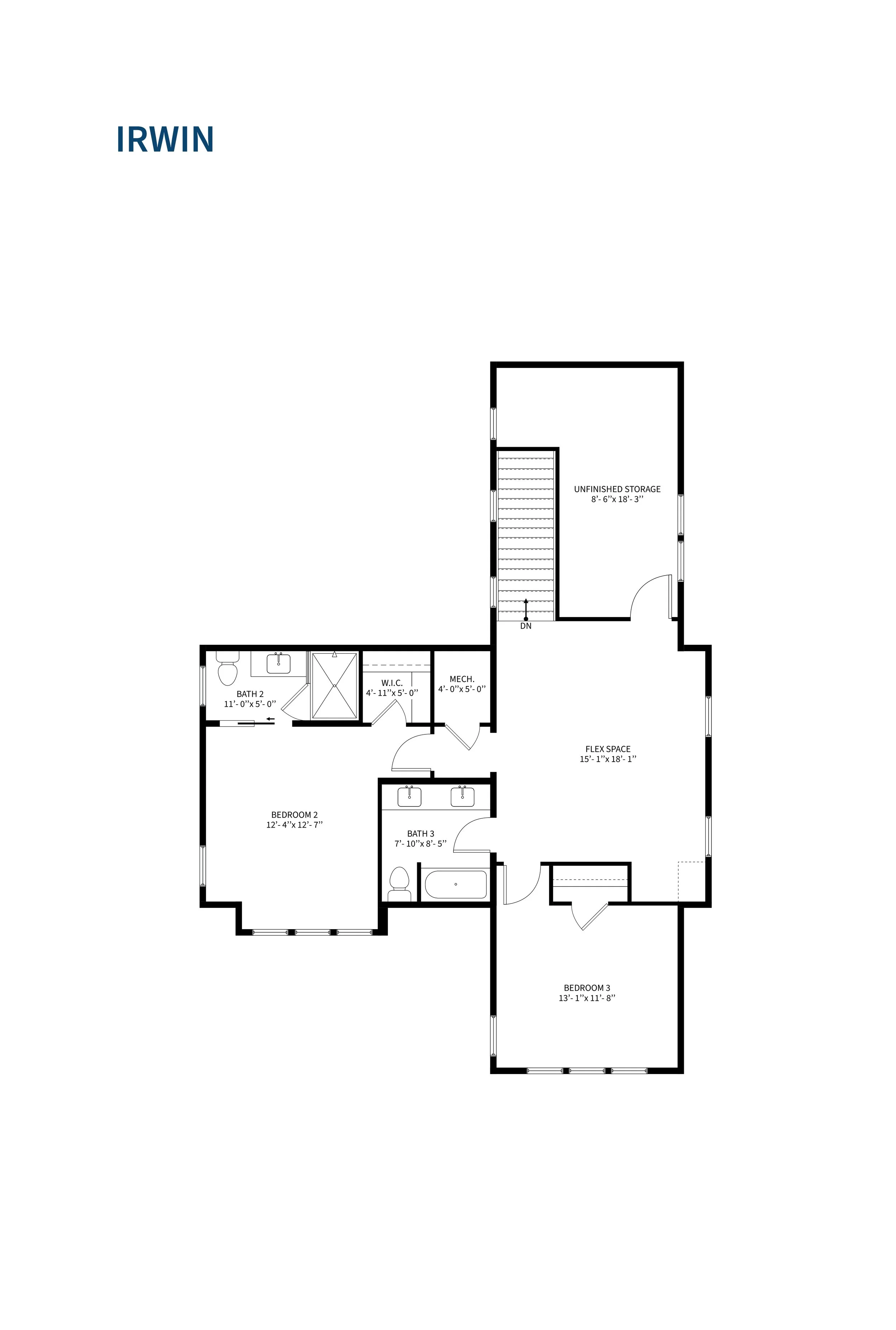 Floor plan of a house showing multiple bedrooms, bathrooms, storage, and a flex space.
