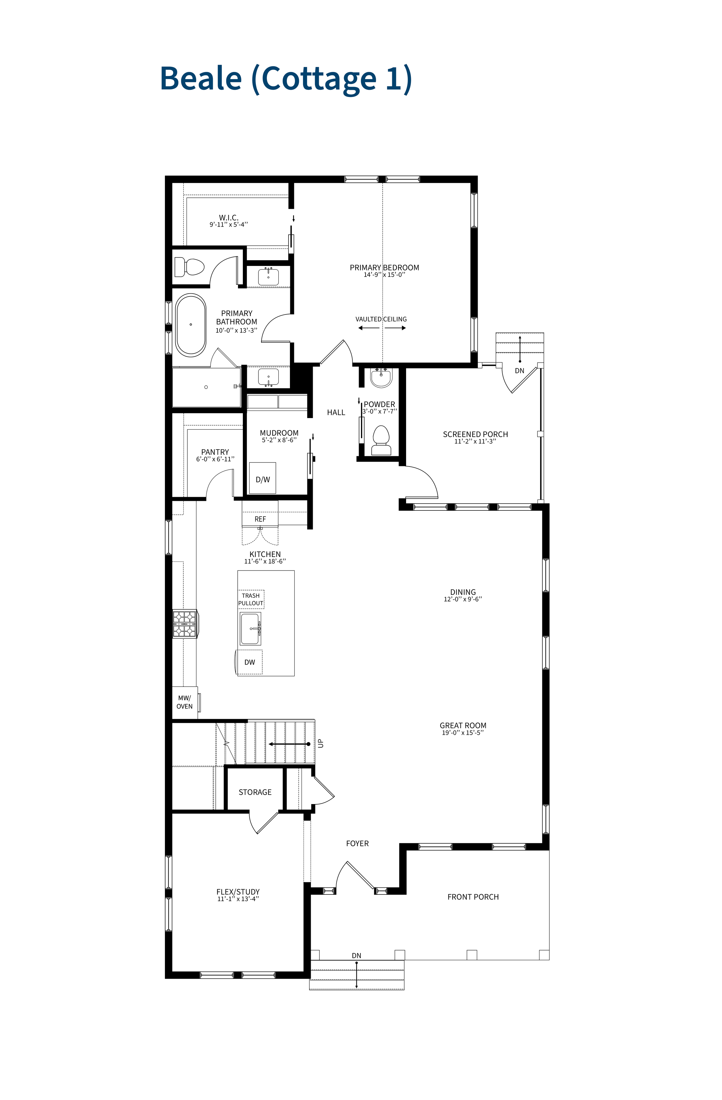 Floor plan of a house labeled 'Beale (Cottage 1)' showing various rooms including a front porch, foyer, flex/study room, storage, kitchen, pantry, mudroom, hall, powder room, primary bathroom, walk-in closet, primary bedroom, vaulted ceiling in bedroom, screened porch, dining area, great room, and staircase.