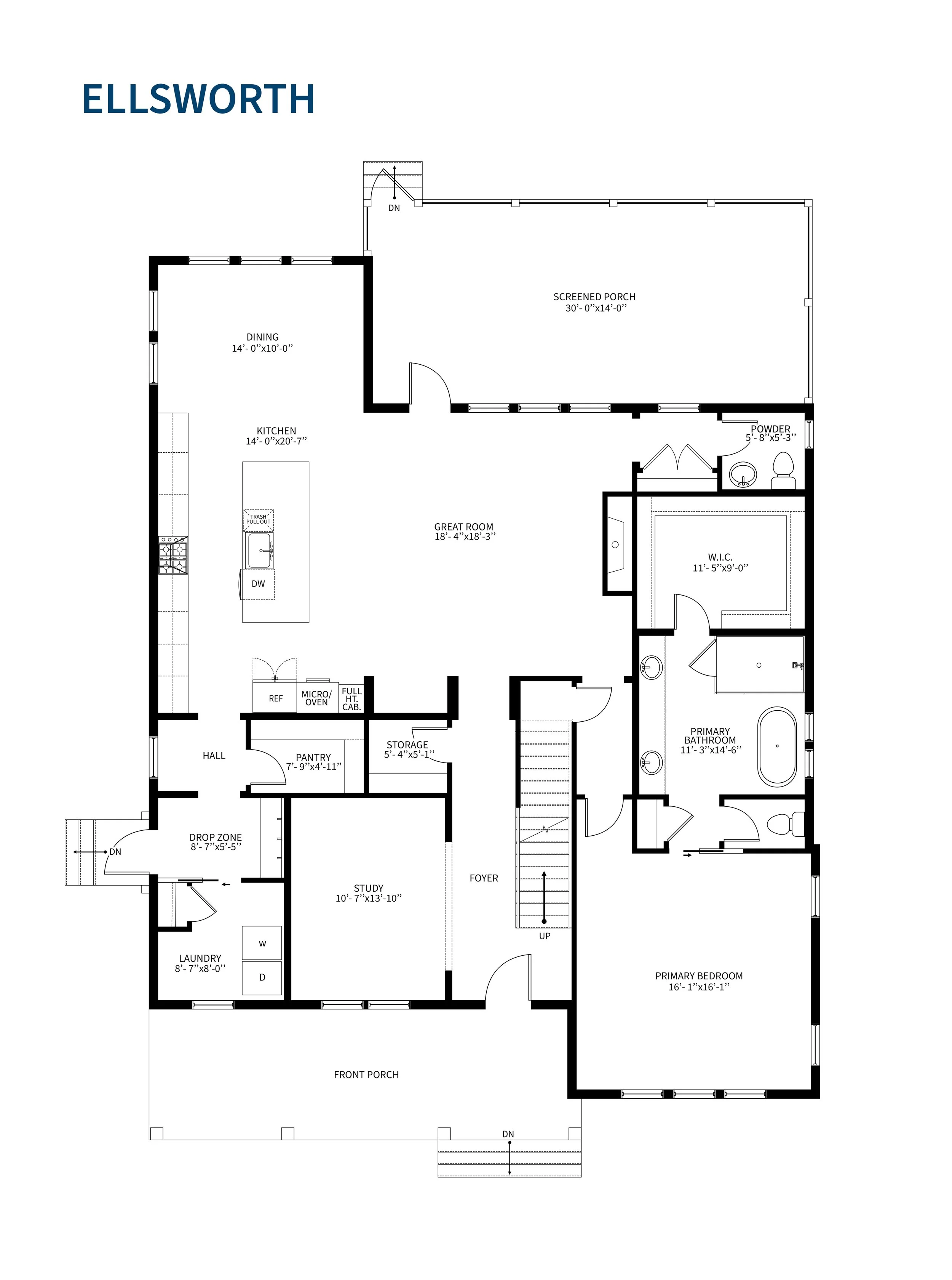 Floor plan of a house with labeled rooms, including a primary bedroom, bathroom, walk-in closet, study, laundry room, pantry, kitchen, dining room, great room, screened porch, powder room, foyer, storage, drop zone, front porch, and stairs.