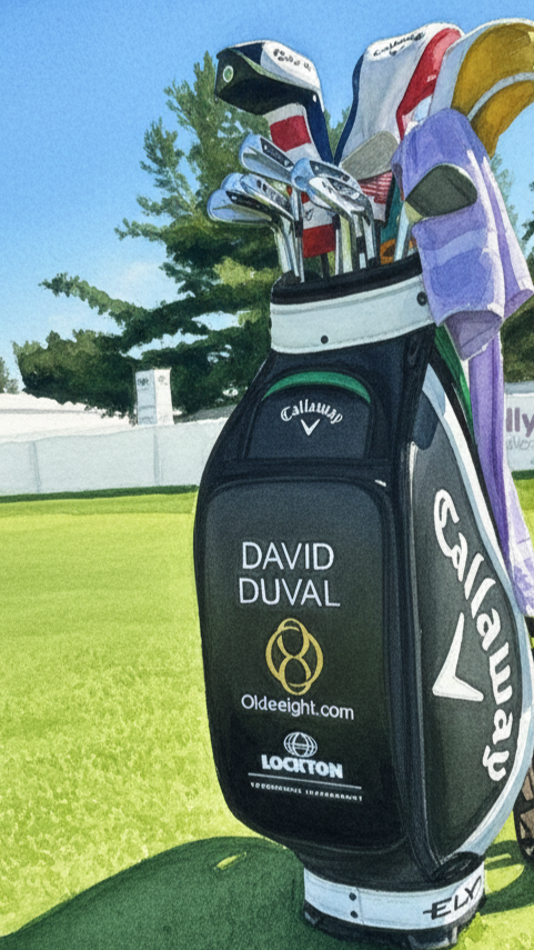 Golf bag with clubs, featuring Callaway branding and a personalized label for David Duval, set on a golf course with trees and grass in the background.
