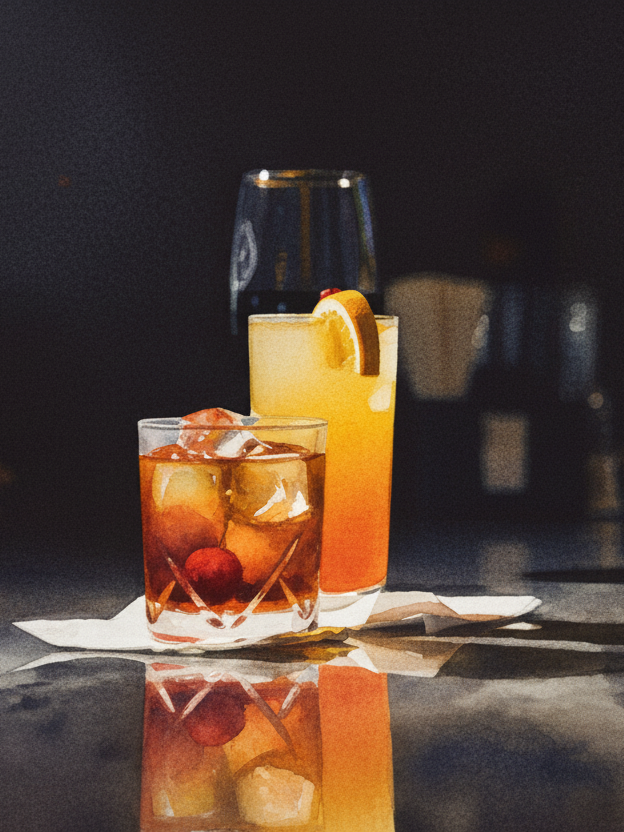 Two cocktails on a dark table with a blurred background. One is a short glass with cherries and ice, and the other is a tall glass with an orange drink garnished with an orange slice.