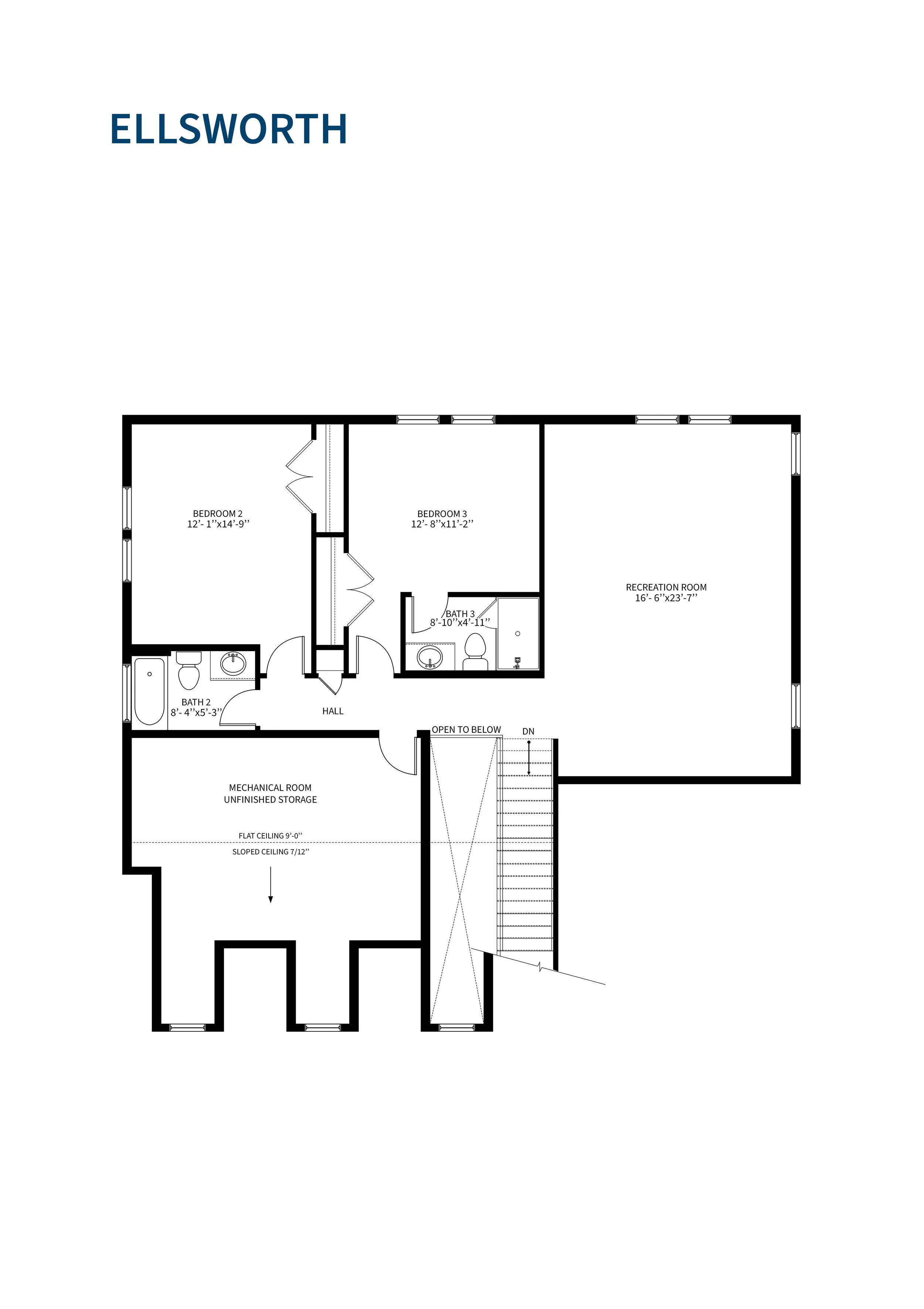 Floor plan of a house with bedrooms, bathrooms, a recreation room, a mechanical room, and an upstairs hall.