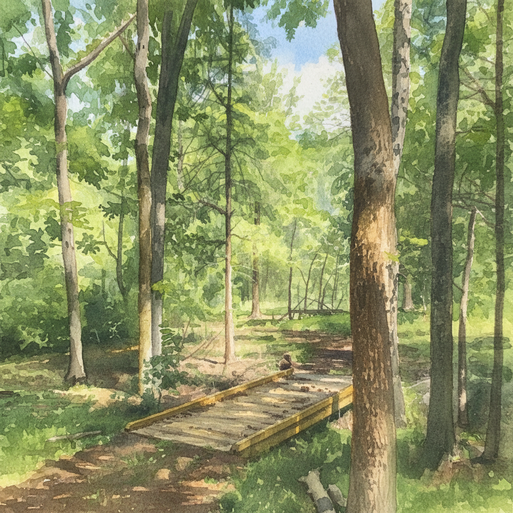 Watercolor painting of a forest scene with a small wooden footbridge over a creek, surrounded by tall trees with green foliage.