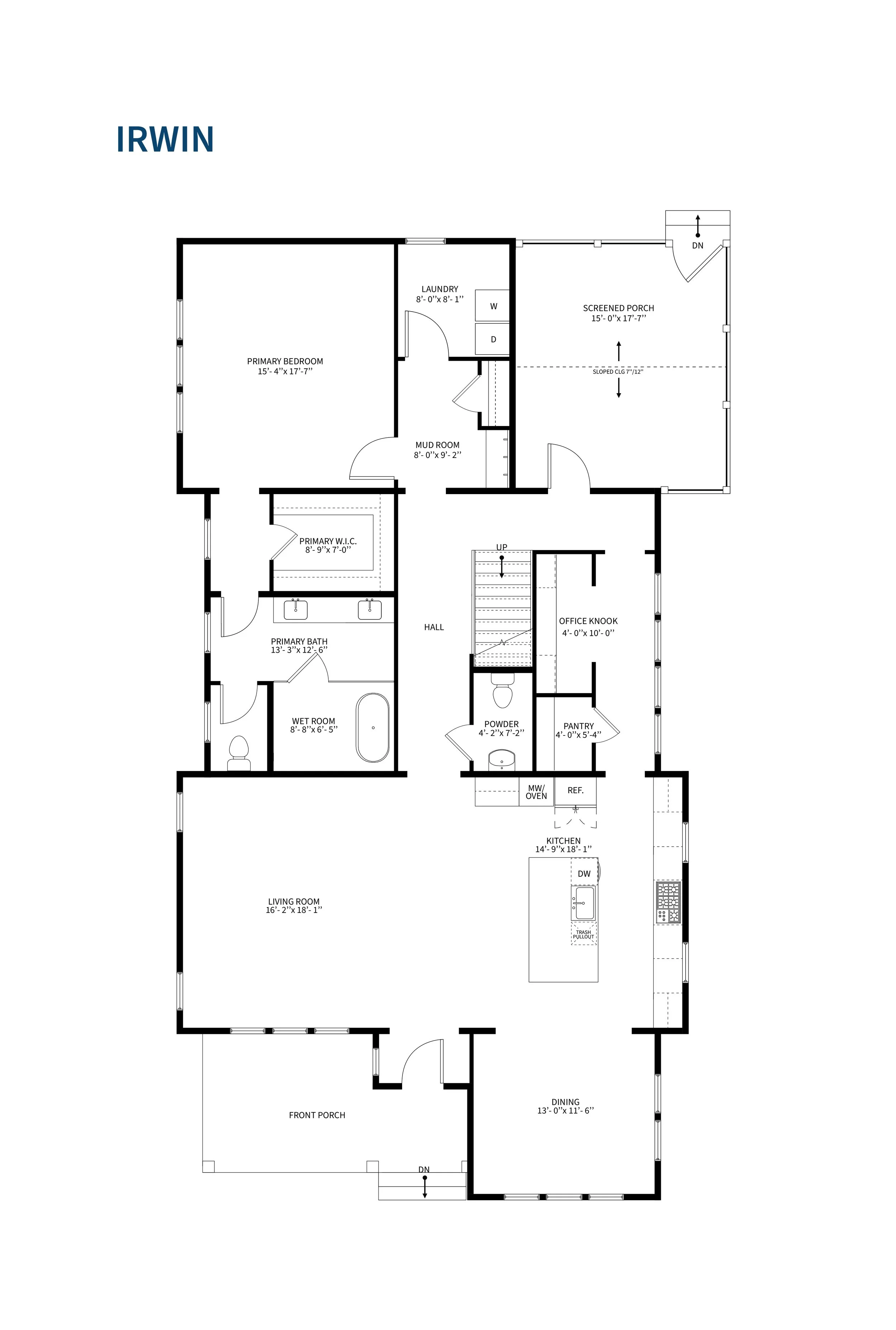 Floor plan of a house with labeled rooms including primary bedroom, laundry, screened porch, living room, kitchen, and dining area.