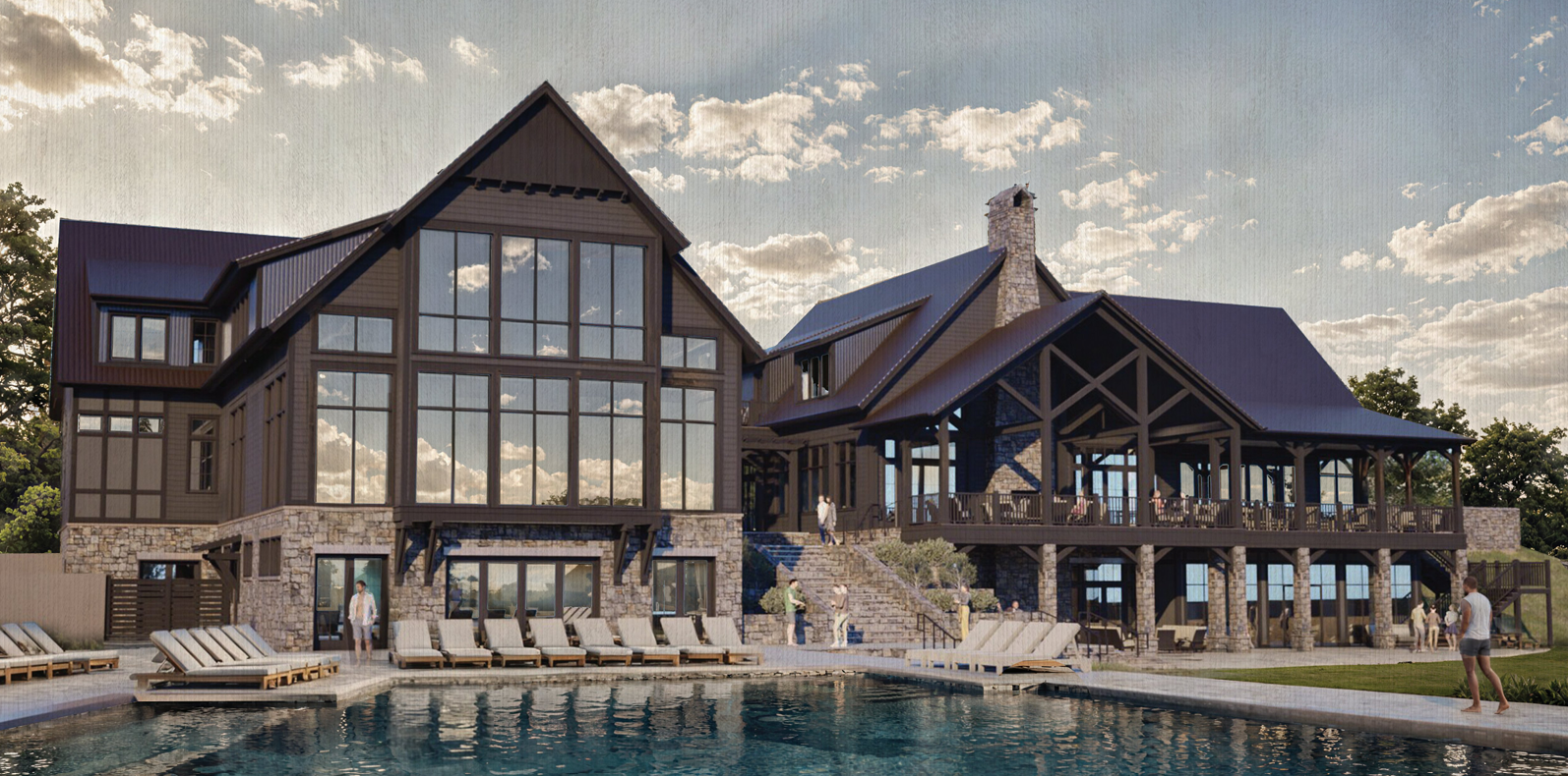 Large modern house with a stone and wood exterior, large glass windows, a covered porch, and a swimming pool in the foreground on a partly cloudy day.