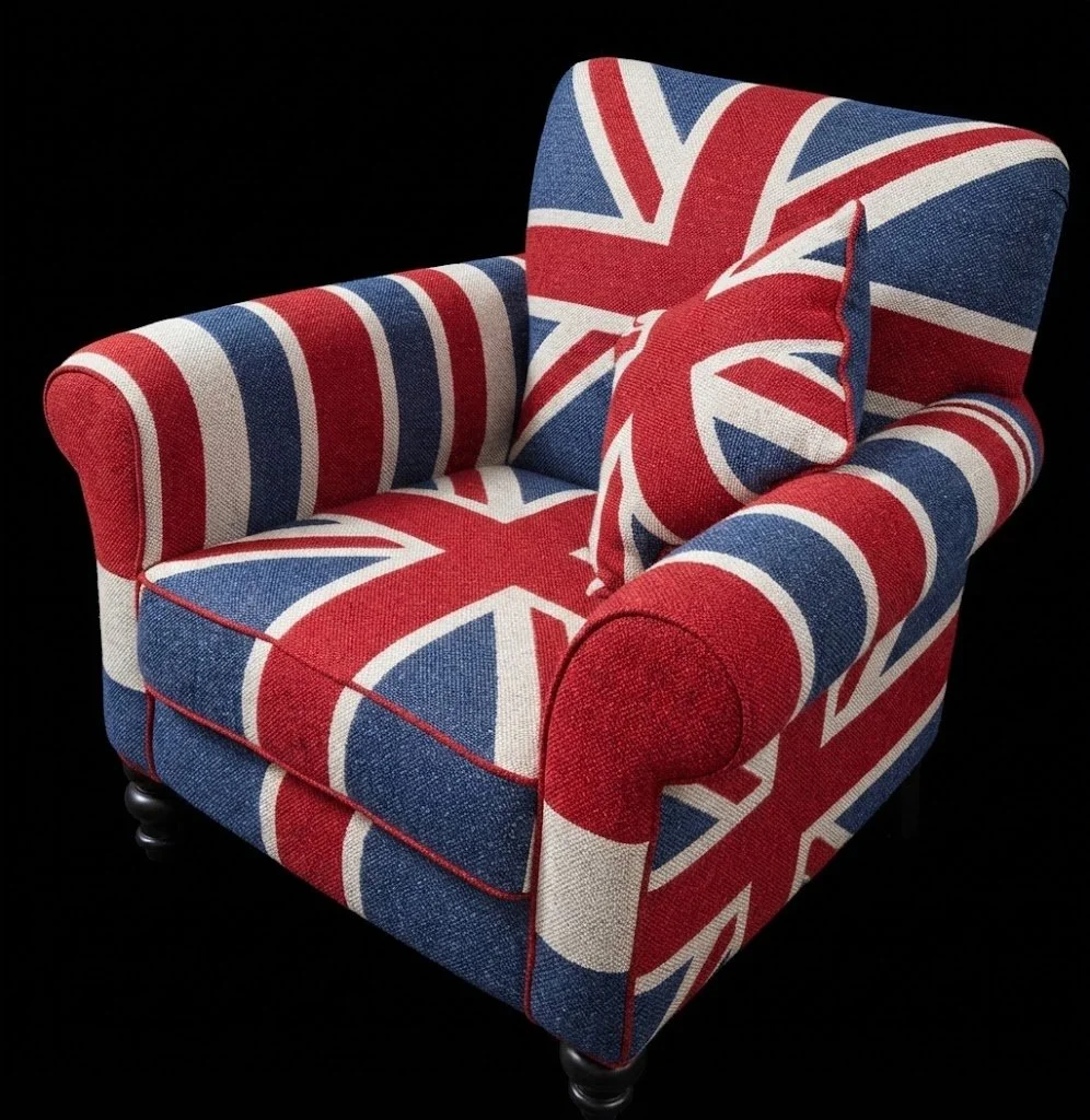 Custom statement armchair upholstered in a handcrafted, bespoke Union Jack fabric pieced and sewn together by hand before expert application, crafted by London Stitchery.