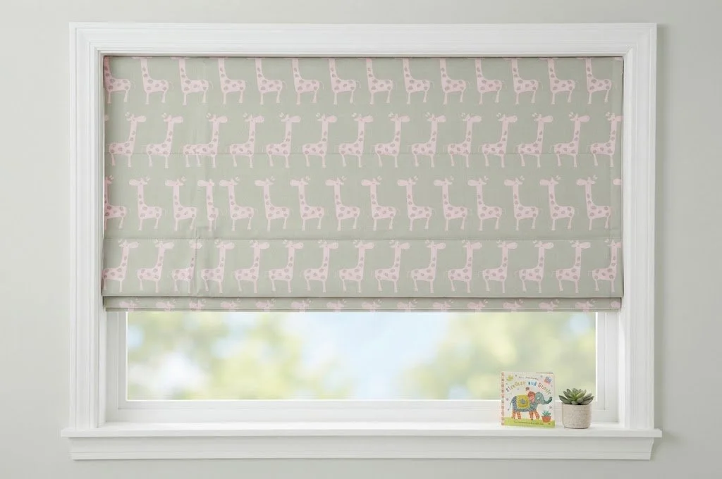 Custom giraffe-motif roman shade featuring a playful and charming pattern, designed to add a delightful, whimsical touch to a baby's nursery window.