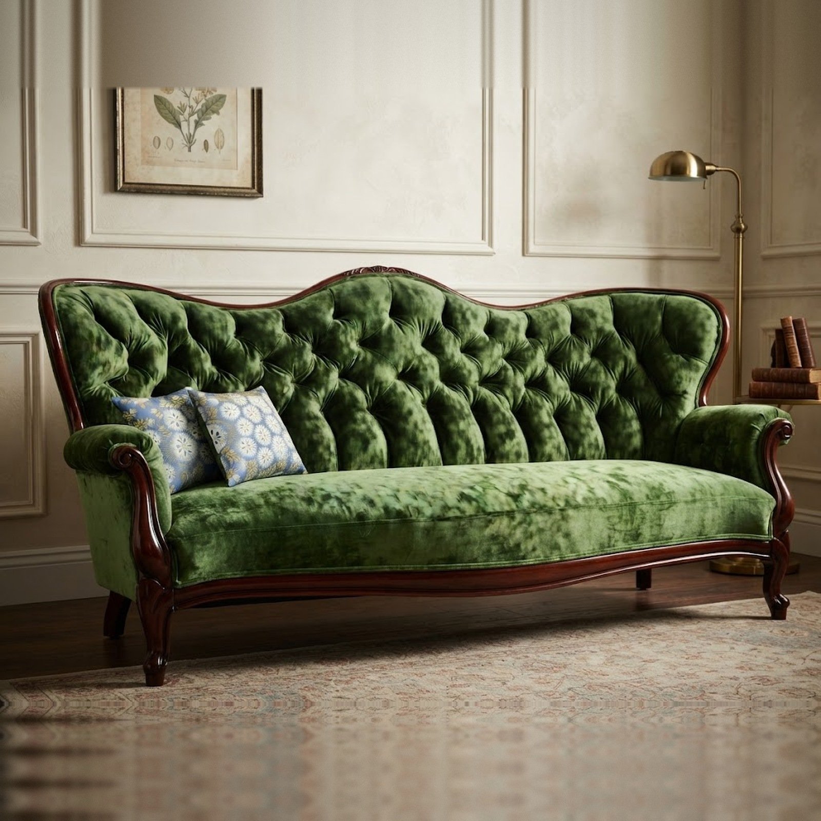 Antique 1870s Victorian sofa after restoration, re-tufted in jewel-toned green velvet with a polished carved wood frame, by London Stitchery, Fort Lauderdale.