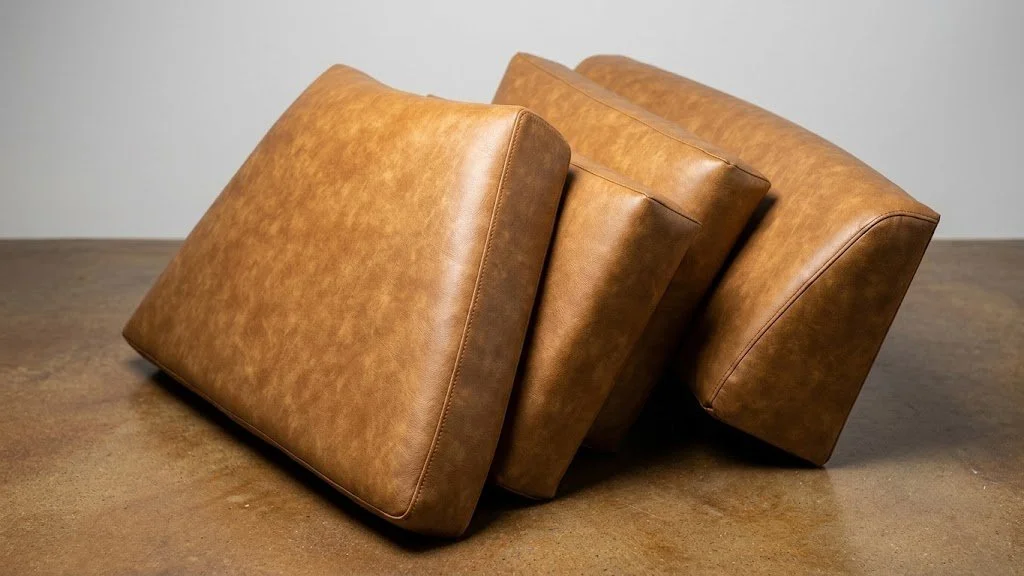 Custom brown leather marine scatter pillows and yacht interior accent cushions handcrafted in Fort Lauderdale by London Stitchery.