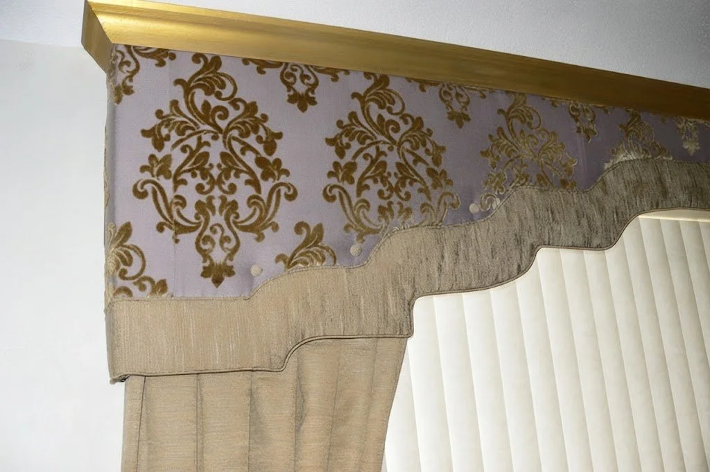Custom-tailored lilac and gold damask valance featuring a layered, scalloped edge design, crafted to elevate traditional window spaces by London Stitchery.