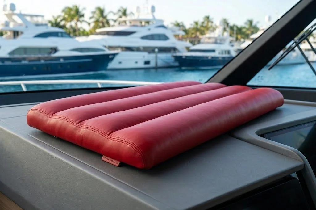 Custom red channeled marine seat cushion handcrafted in Fort Lauderdale by London Stitchery.