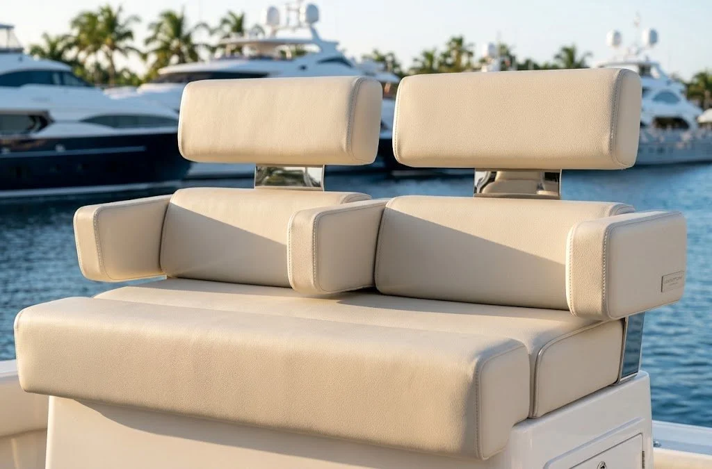 Custom dual-helm marine captain chairs with adjustable headrests and yacht bridge upholstery handcrafted in Fort Lauderdale by London Stitchery.