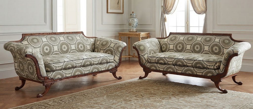 Custom-upholstered classic matching twin sofas featuring an intricate circular pattern with lilac accent tones, handcrafted by London Stitchery.