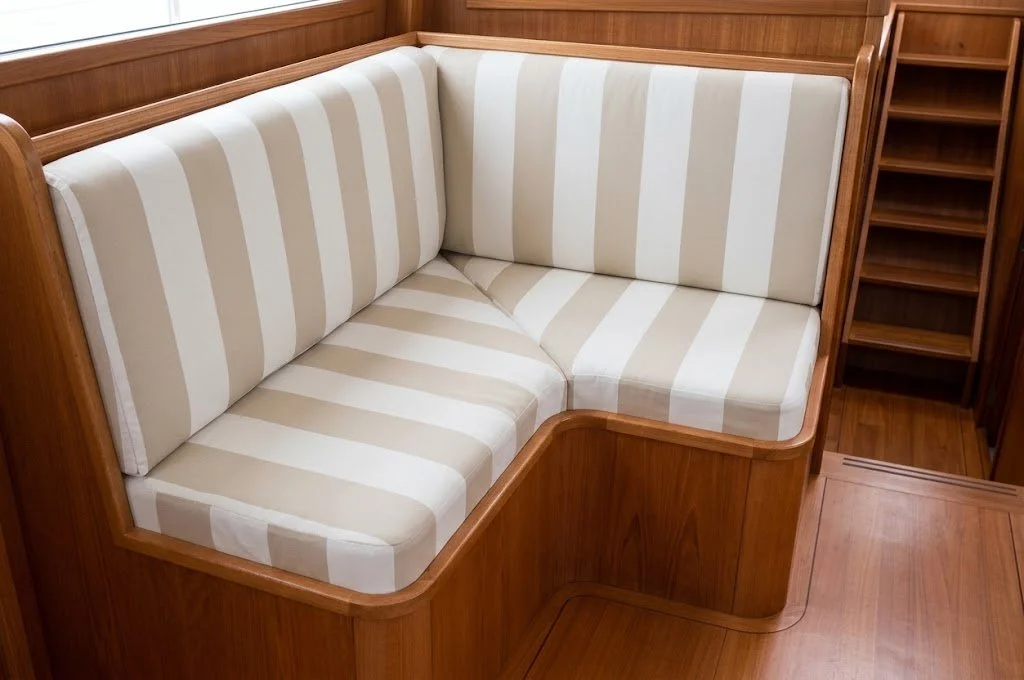 Custom beige and white striped marine corner booth seating and yacht interior upholstery handcrafted in Fort Lauderdale by London Stitchery.